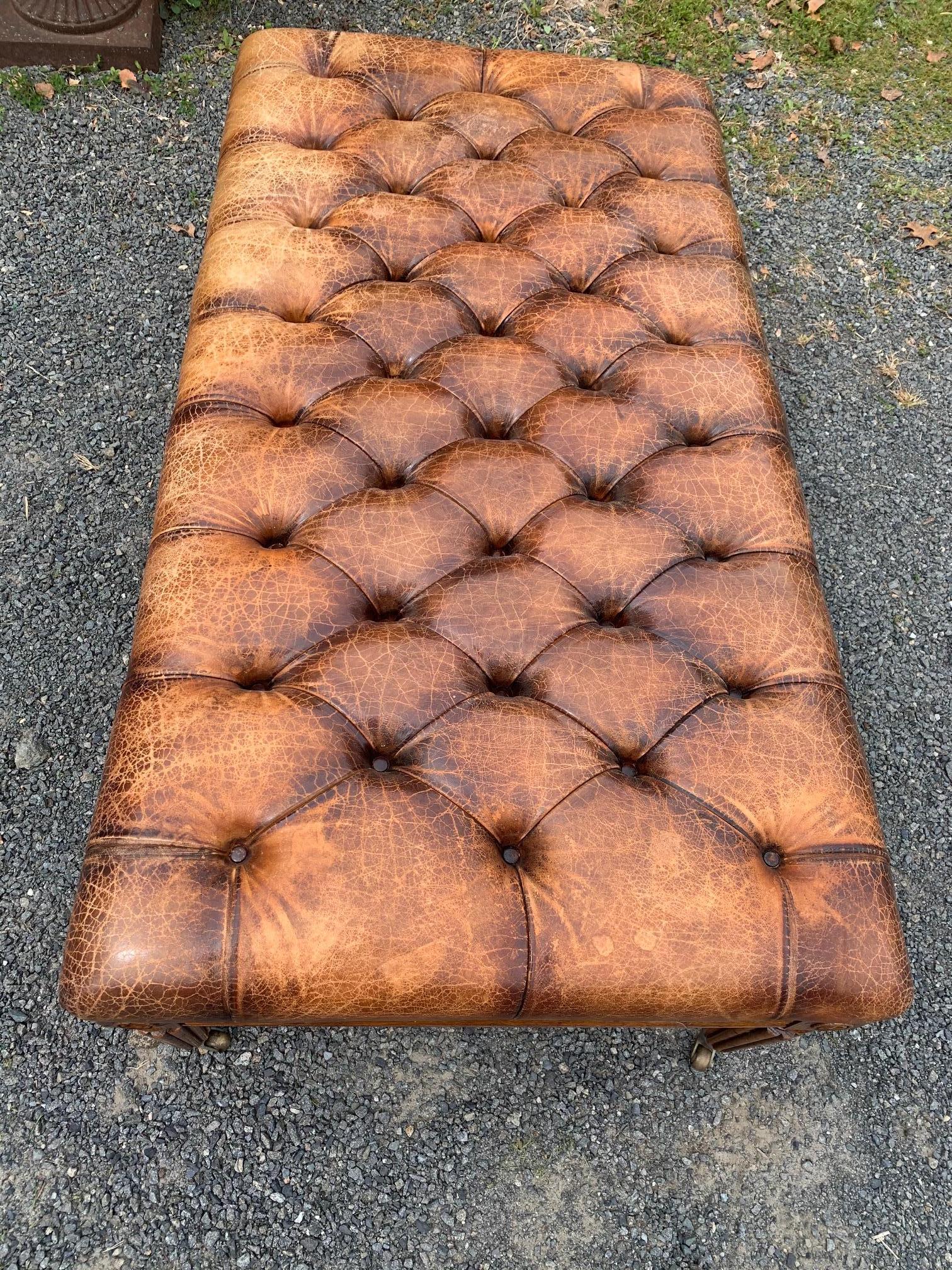 Sumptuous Large English 19th Century Leather Tufted Ottoman with Studs 9
