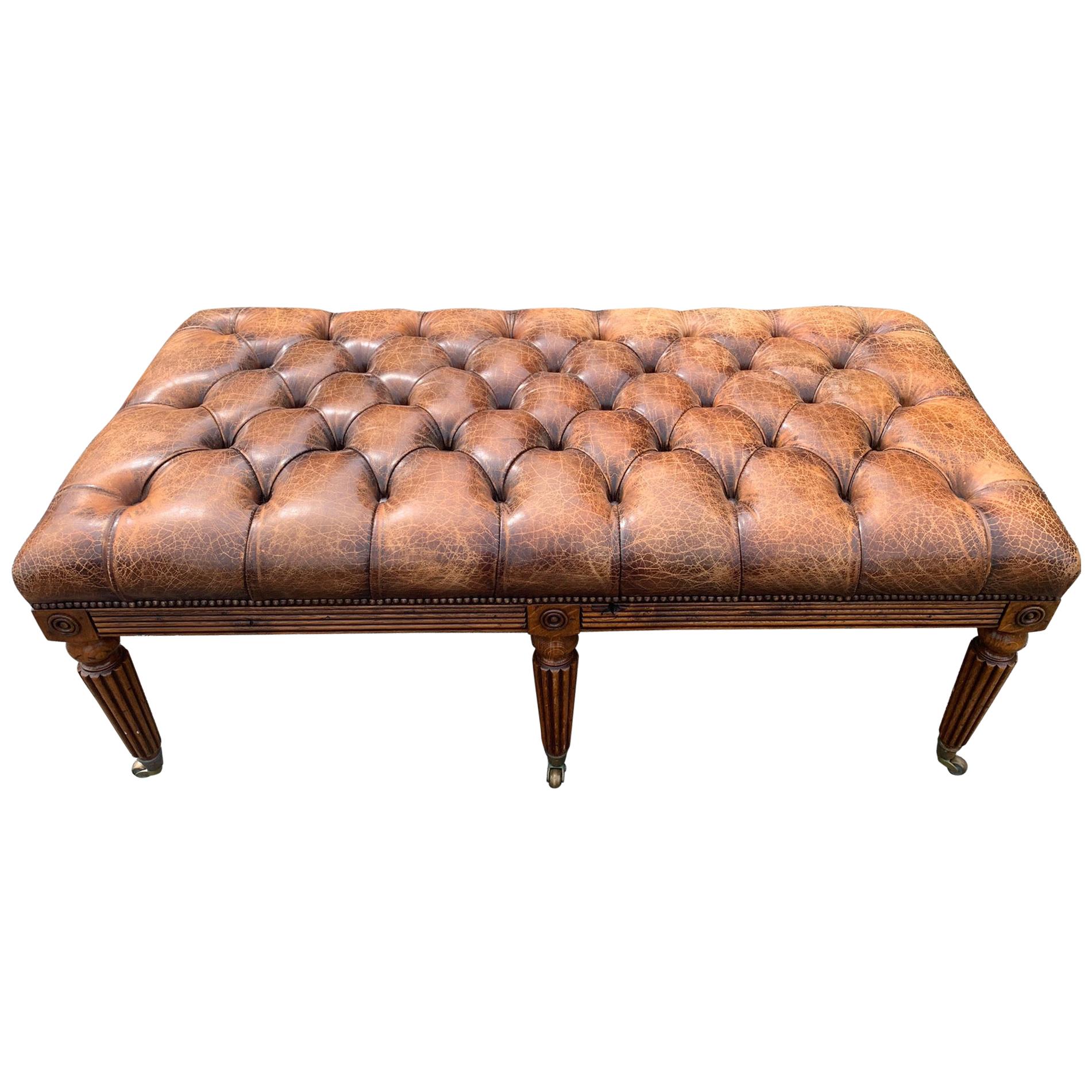Sumptuous Large English 19th Century Leather Tufted Ottoman with Studs