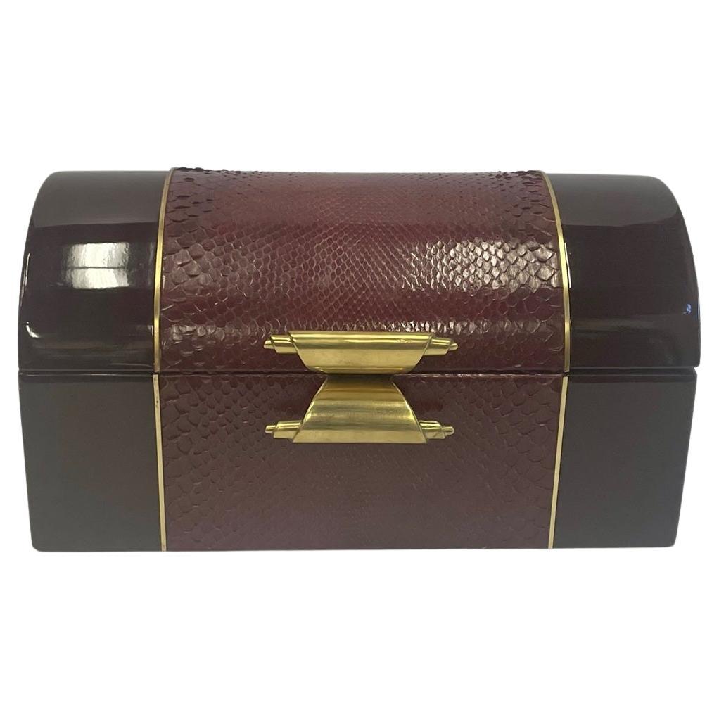 Sumptuous Italian Faux Snakeskin & Brass Decorative Box Lined in Velvet For Sale