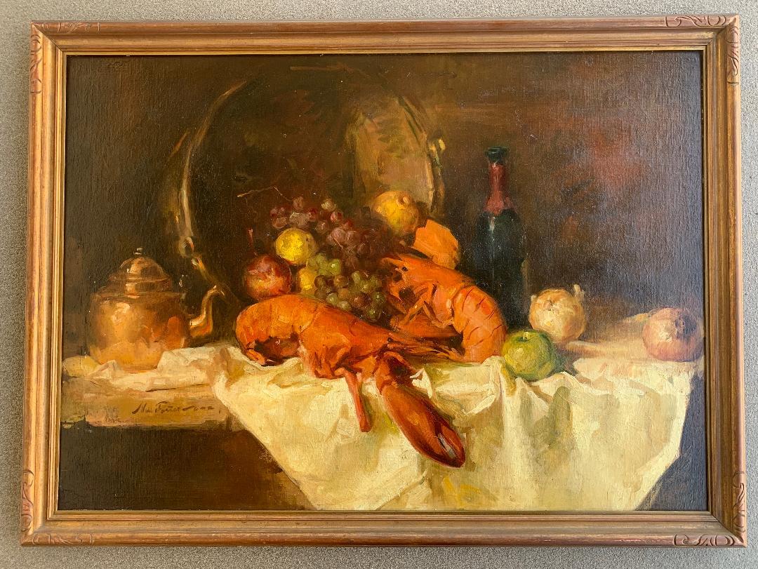 Prächtiges großes Original-Stillleben von William Foster mit einem Blumenstrauß-Tisch im Zustand „Gut“ im Angebot in Tustin, CA