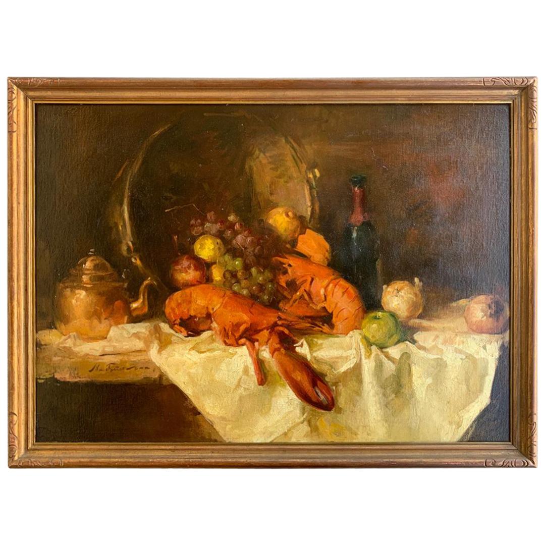 Somptueuse grande peinture originale de nature morte de William Foster représentant une table de banquet