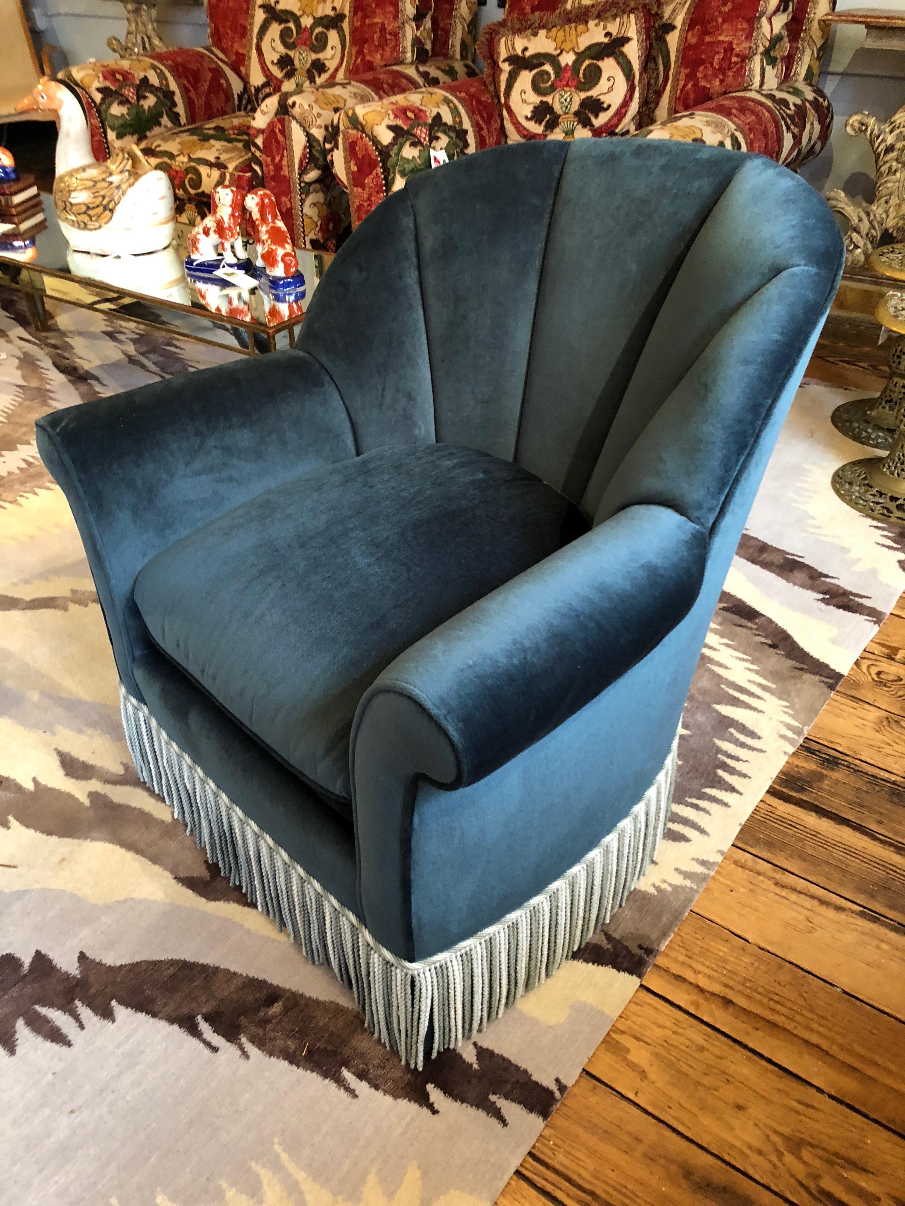 Contemporary Sumptuous Pair of Blue Velvet Barrel Shaped Club Chairs with Ottoman