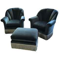 Sumptuous Pair of Blue Velvet Barrel Shaped Club Chairs with Ottoman
