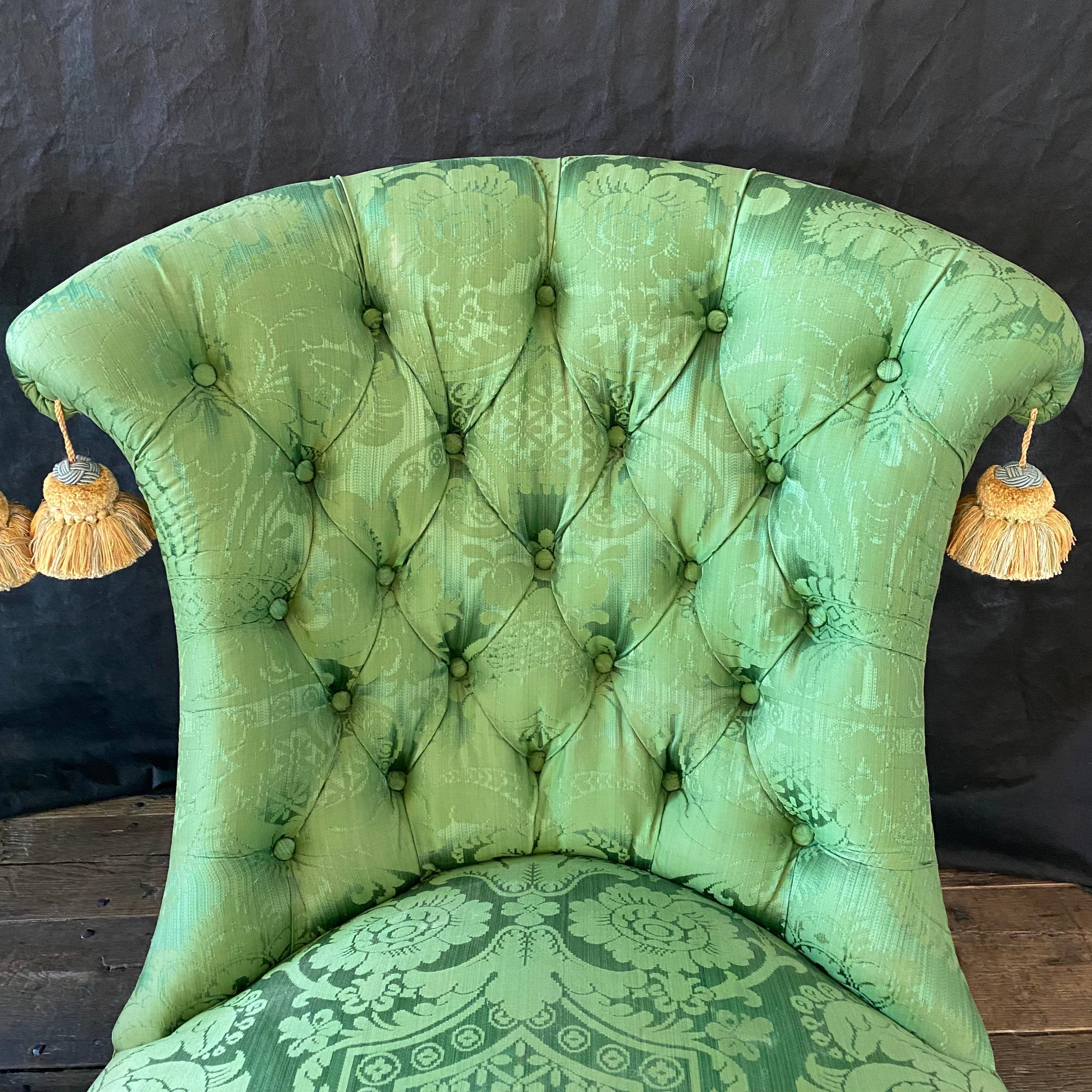 French Napoleon II Green Silk Tufted Slipper Chair 2