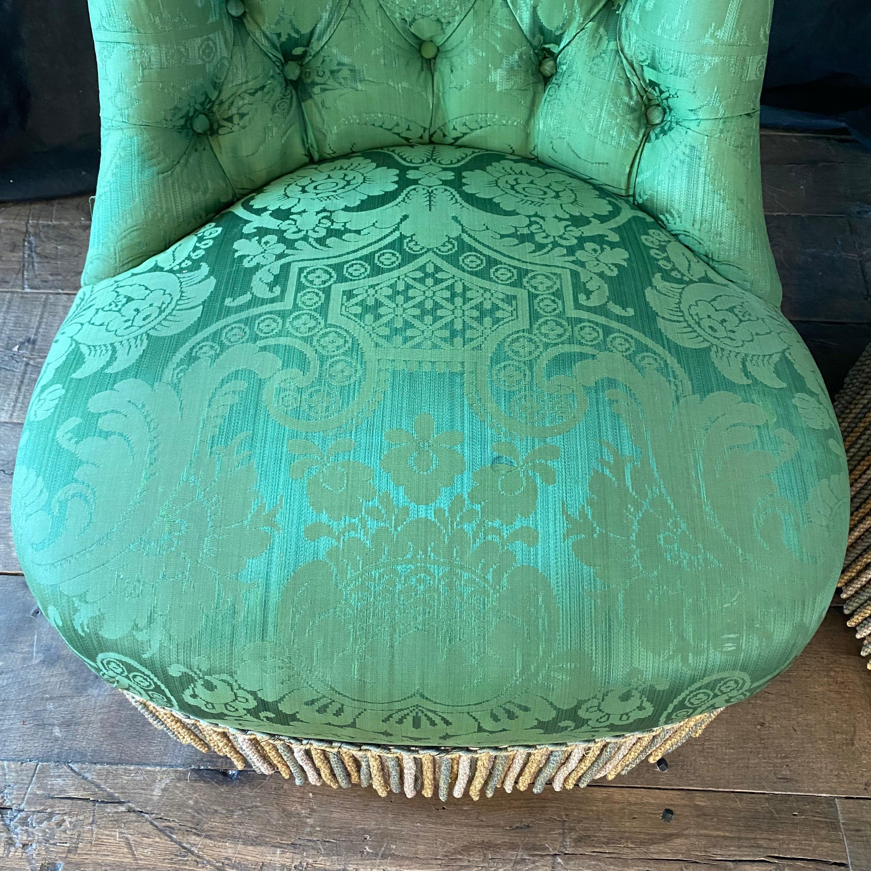 Napoleon III French Napoleon II Green Silk Tufted Slipper Chair