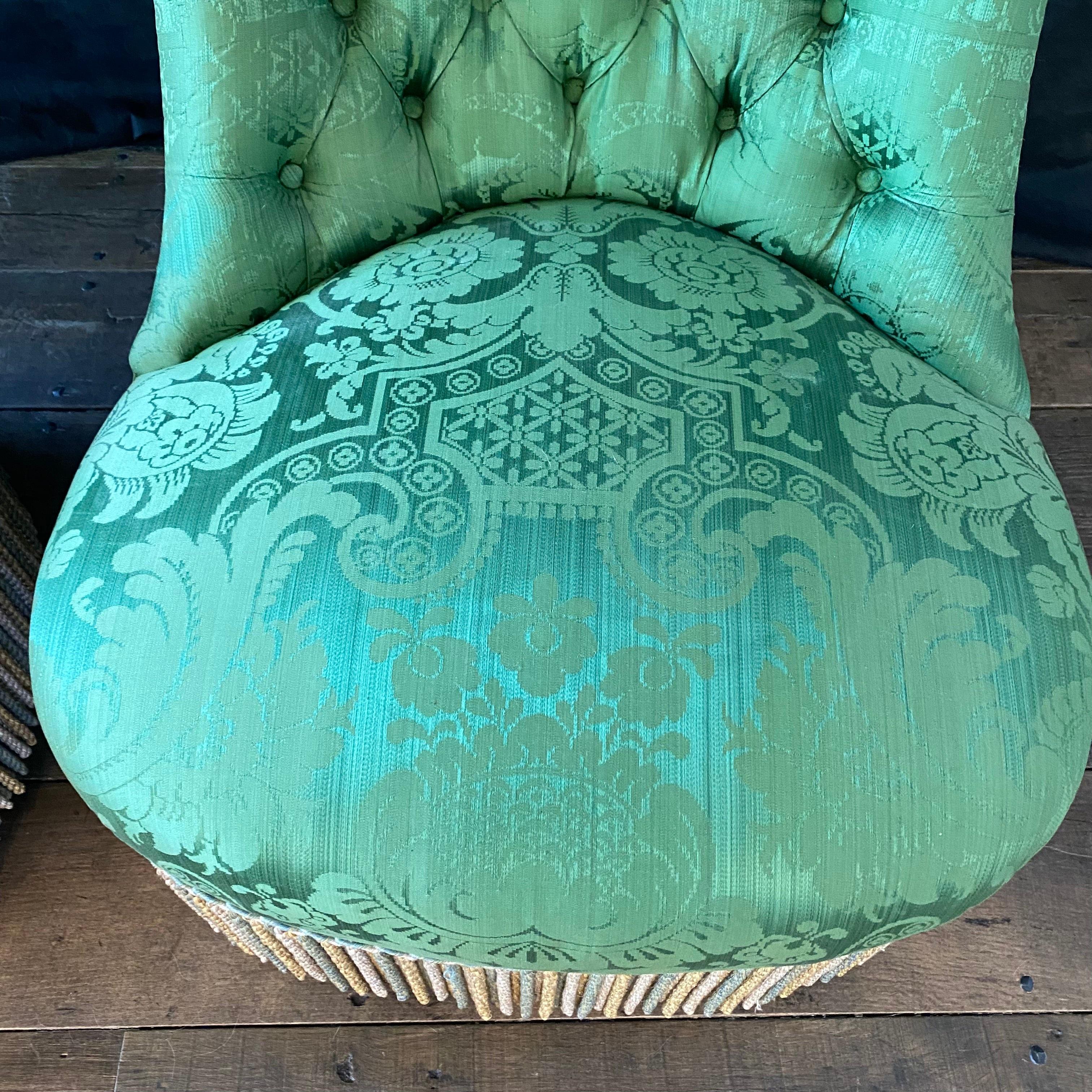 Upholstery French Napoleon II Green Silk Tufted Slipper Chair