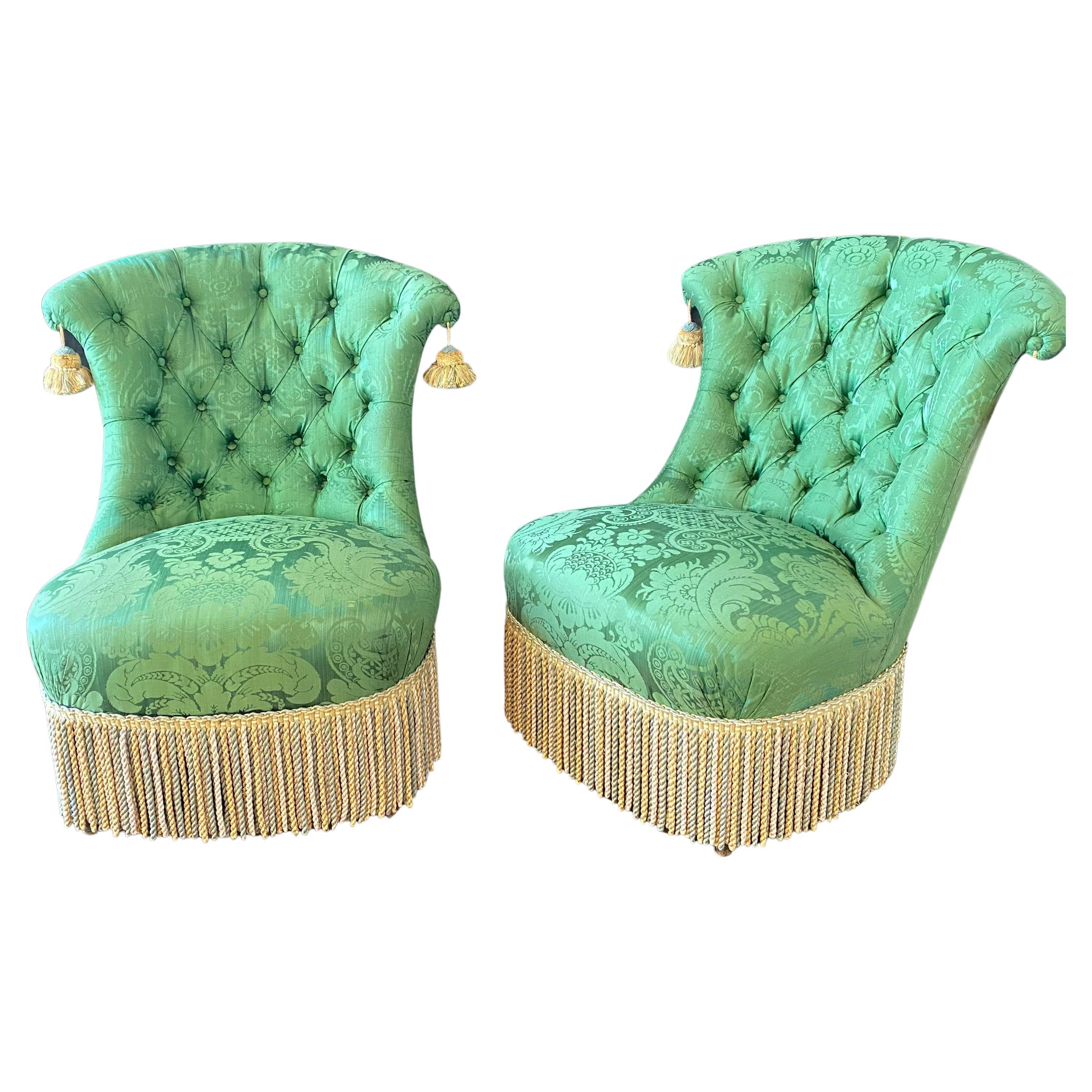 Sumptuous Pair of French Napoleon II Green Silk Tufted Slipper Chairs