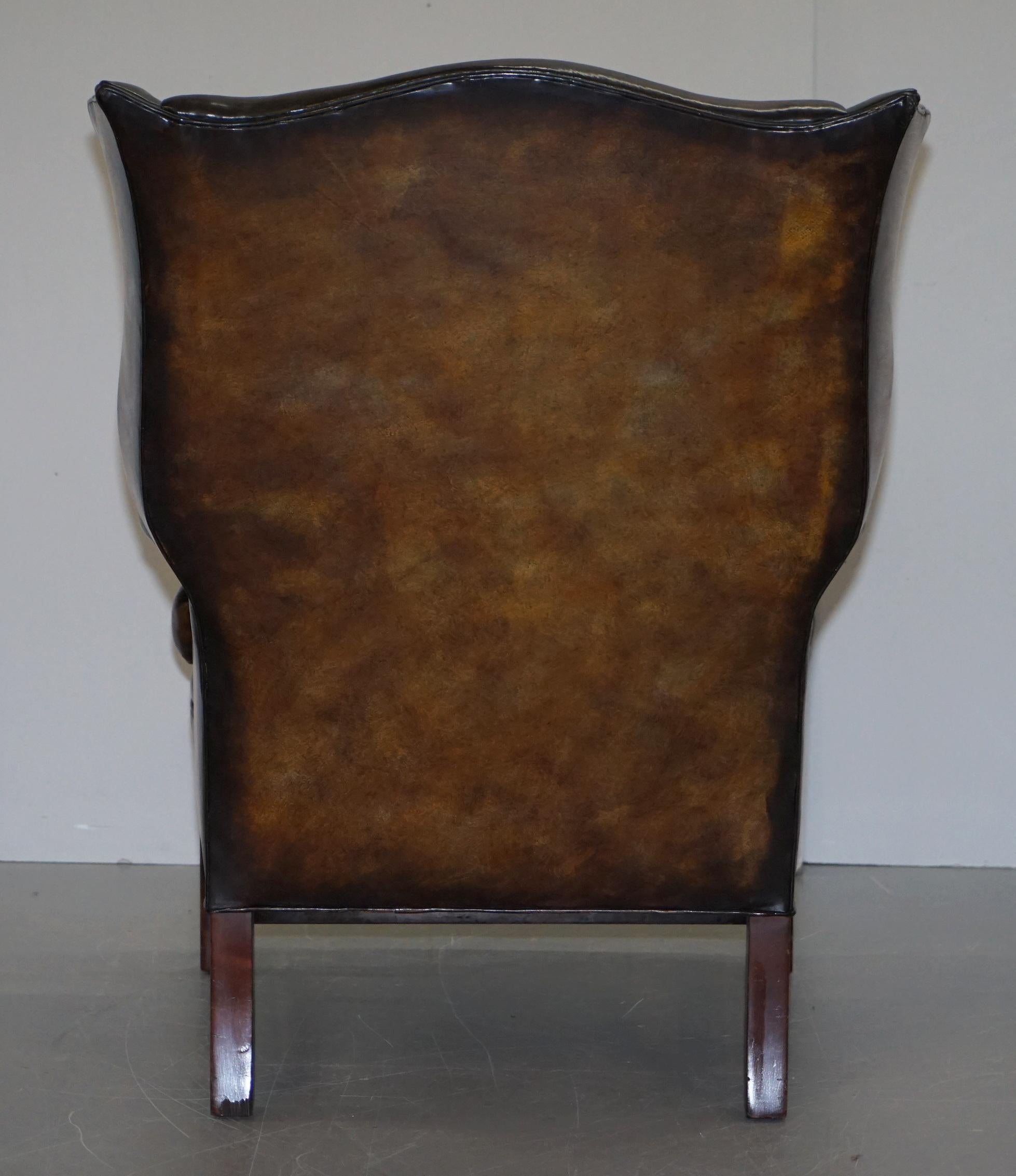 Sumptuous Pair of Fully Restored Hand Dye Cigar Brown Leather Wingback Armchairs 4