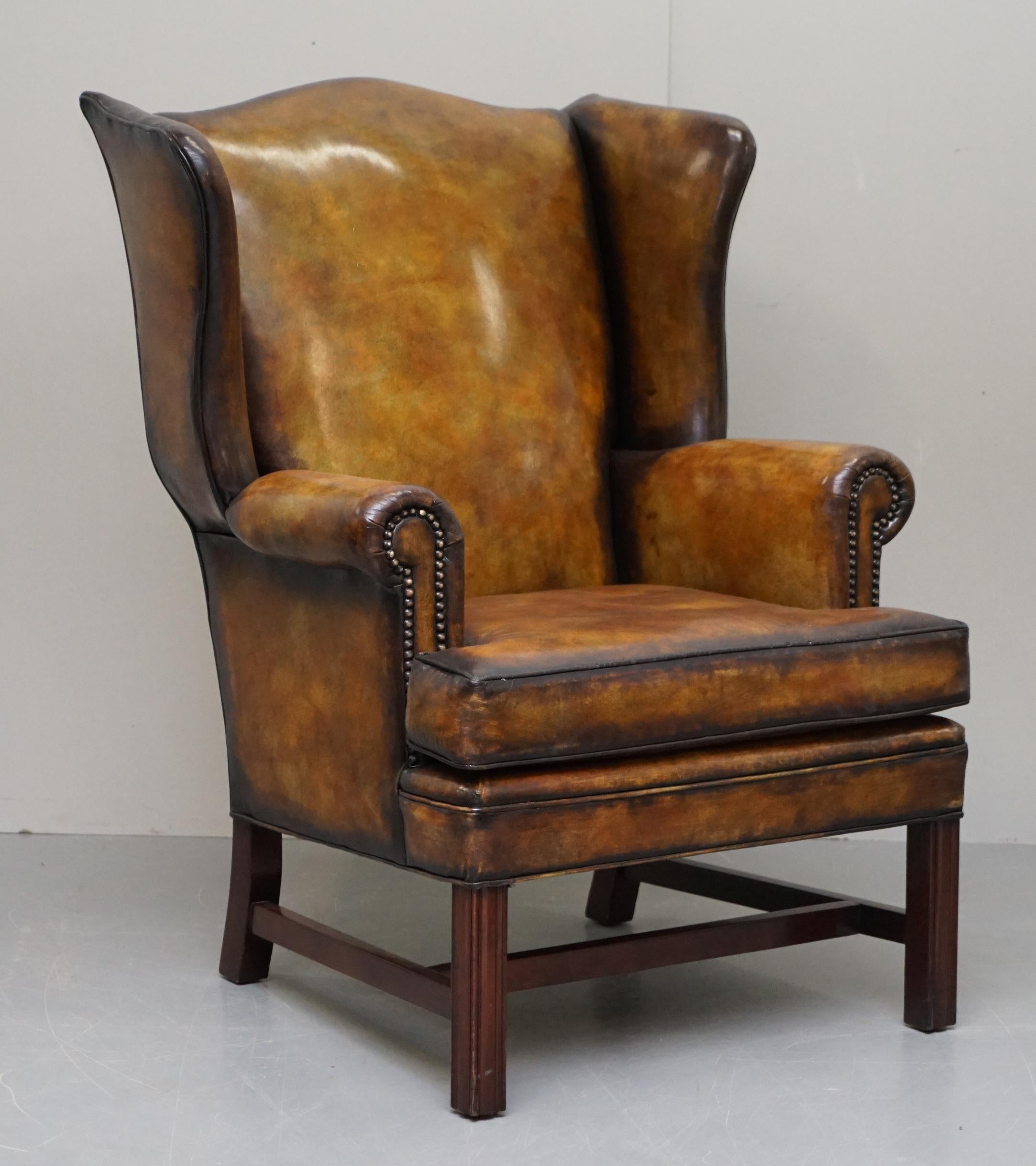 Sumptuous Pair of Fully Restored Hand Dye Cigar Brown Leather Wingback Armchairs 5