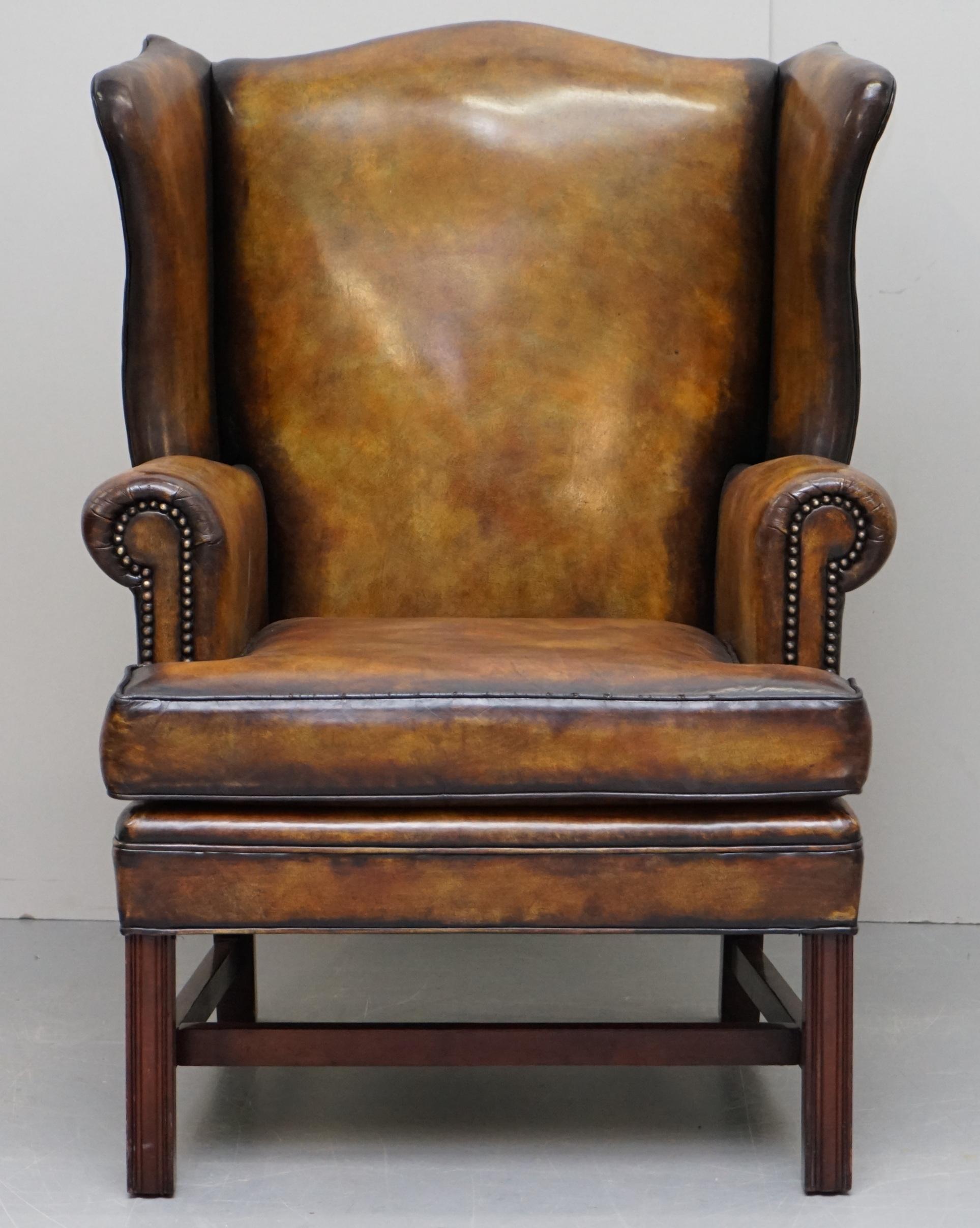 Sumptuous Pair of Fully Restored Hand Dye Cigar Brown Leather Wingback Armchairs 6