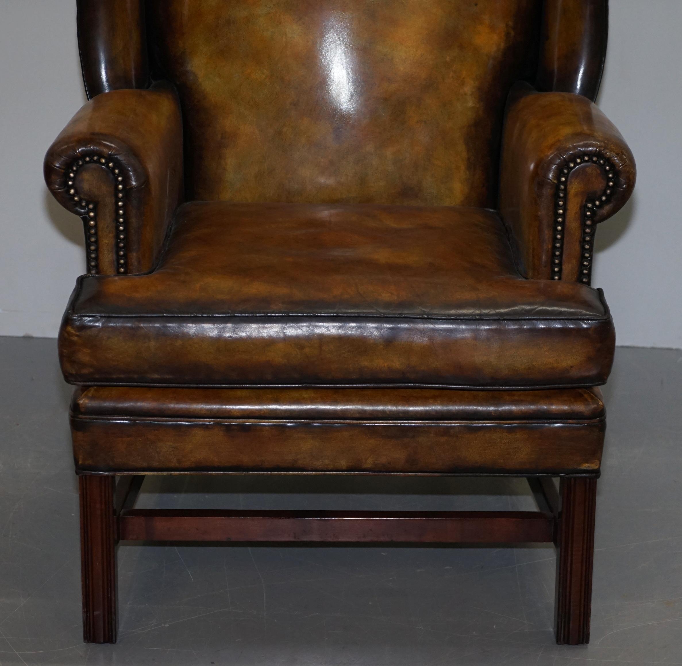 Sumptuous Pair of Fully Restored Hand Dye Cigar Brown Leather Wingback Armchairs 7