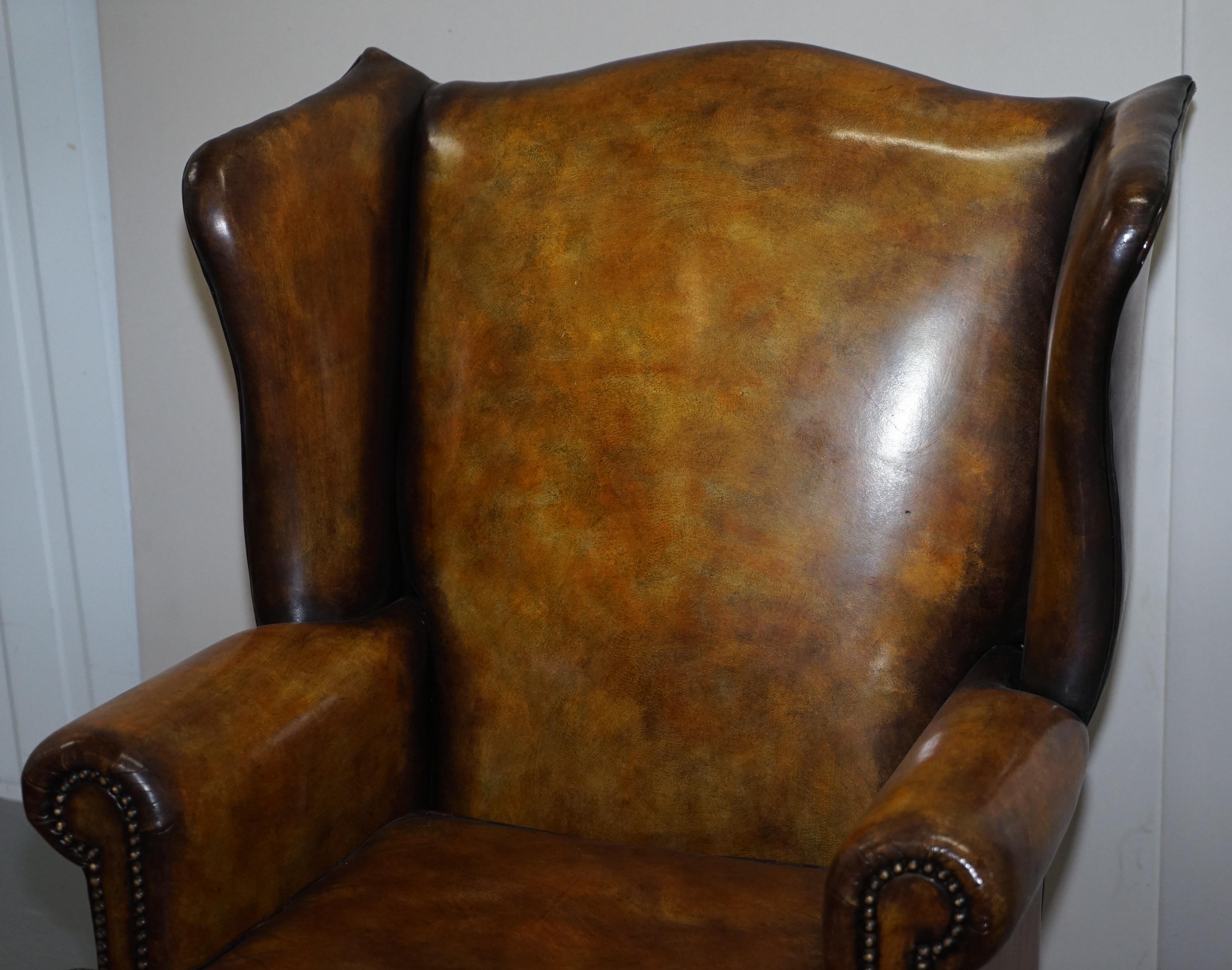 Sumptuous Pair of Fully Restored Hand Dye Cigar Brown Leather Wingback Armchairs 9