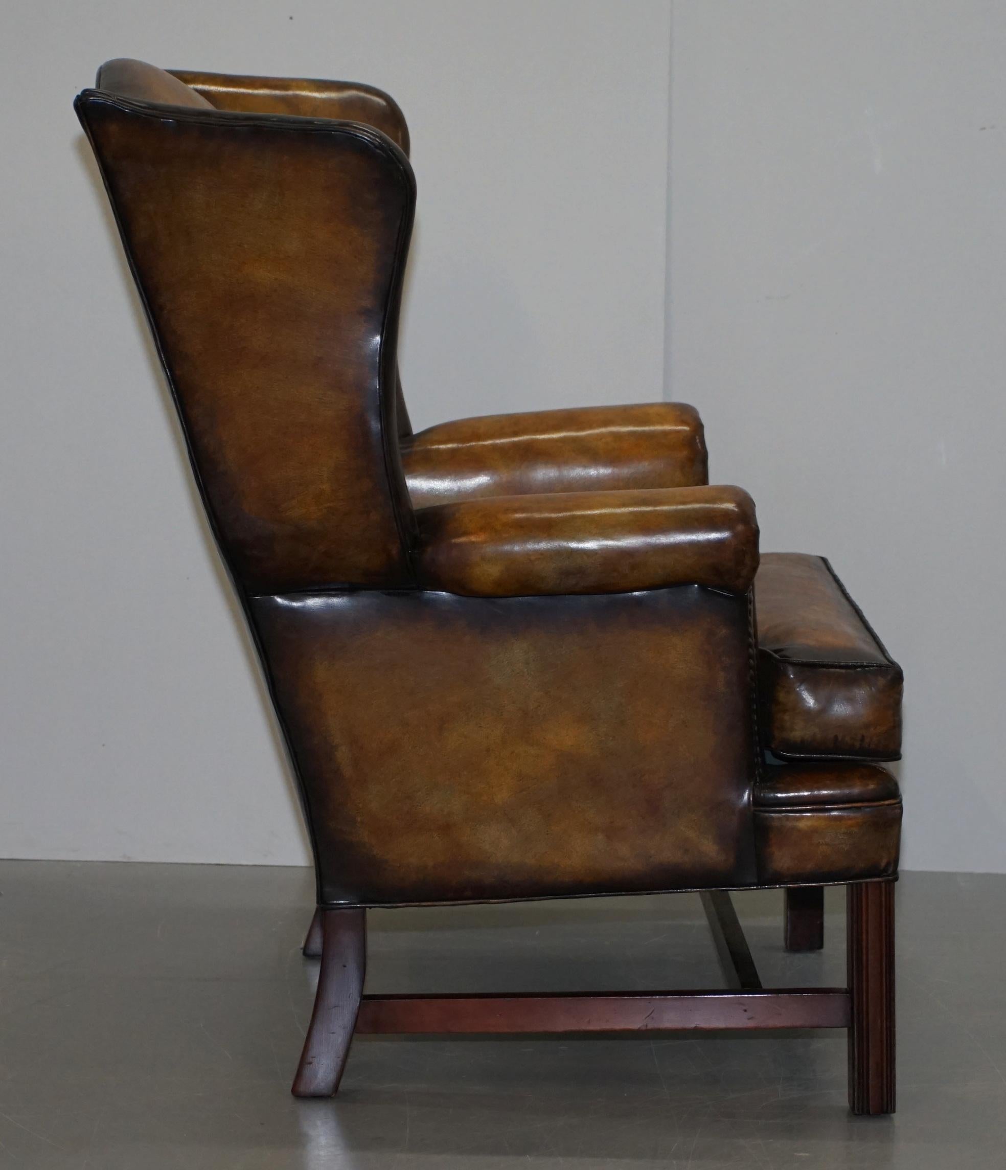Sumptuous Pair of Fully Restored Hand Dye Cigar Brown Leather Wingback Armchairs 10