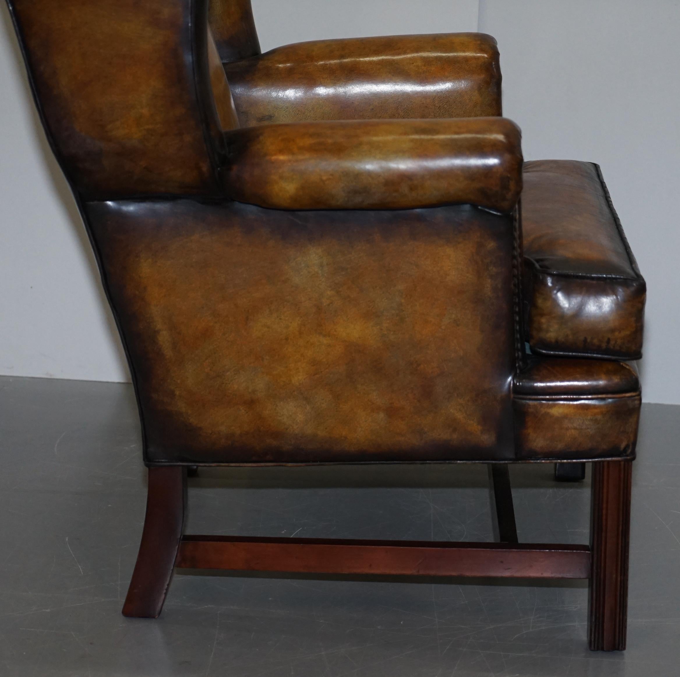 Sumptuous Pair of Fully Restored Hand Dye Cigar Brown Leather Wingback Armchairs 11