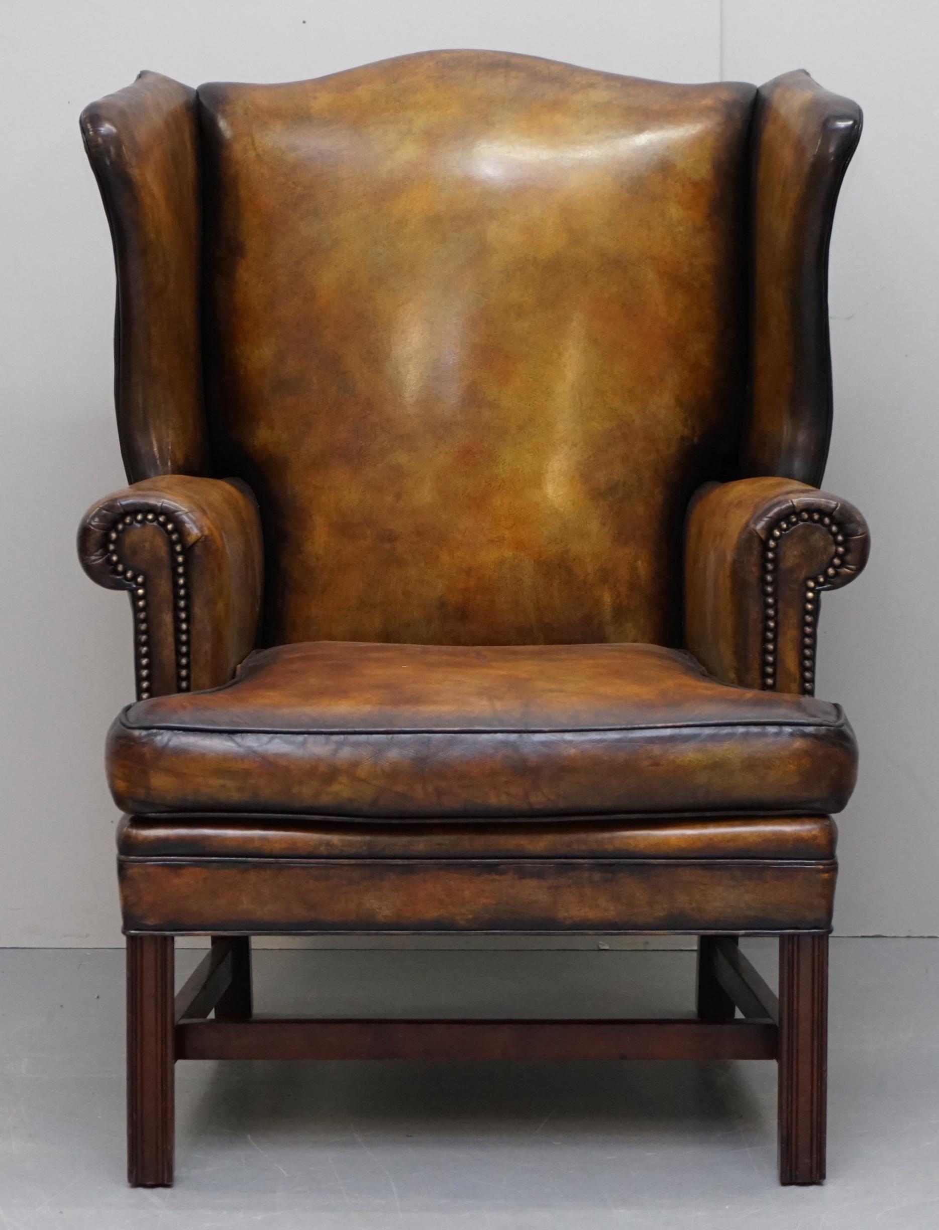 Victorian Sumptuous Pair of Fully Restored Hand Dye Cigar Brown Leather Wingback Armchairs