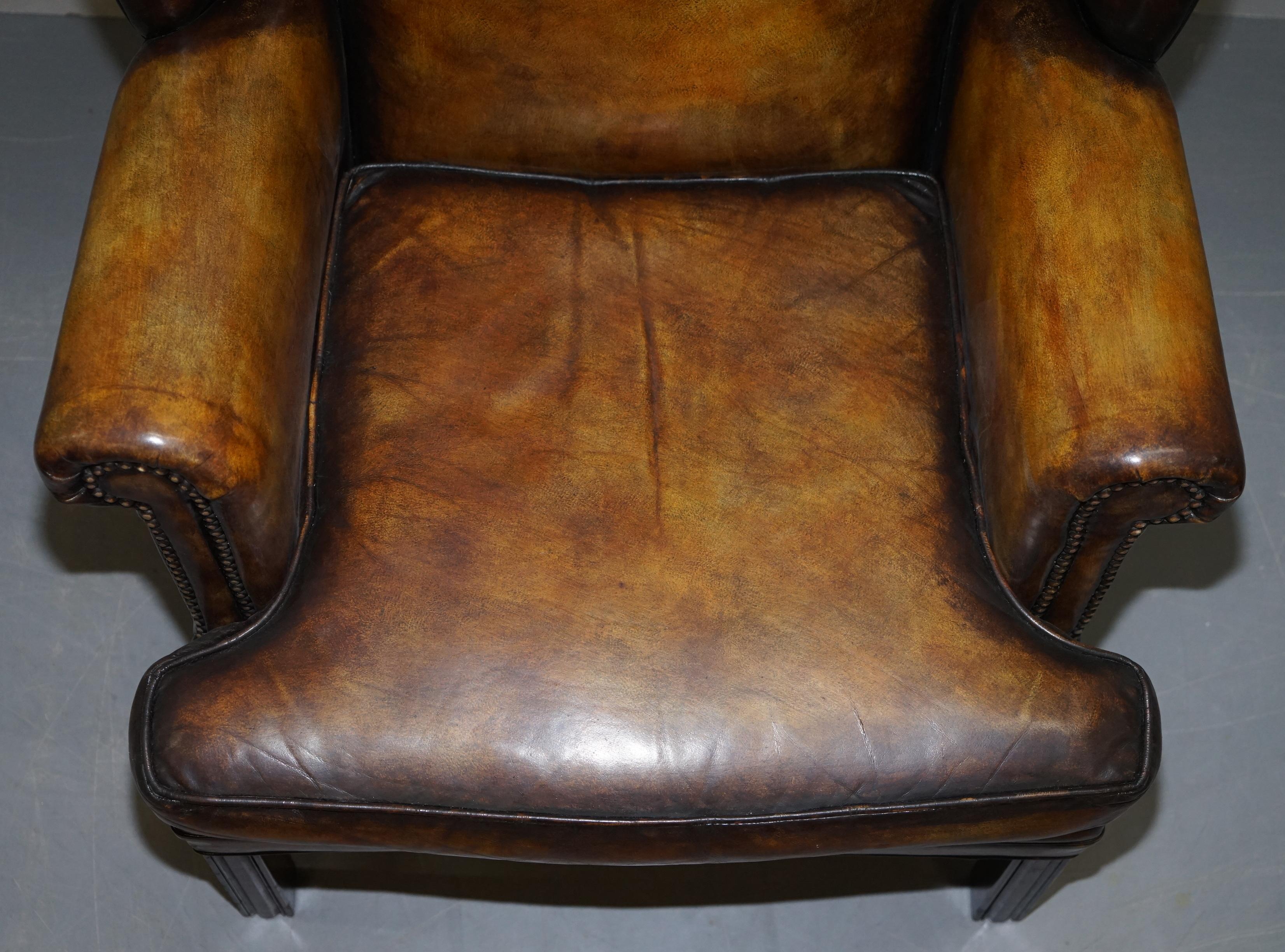 Hand-Crafted Sumptuous Pair of Fully Restored Hand Dye Cigar Brown Leather Wingback Armchairs