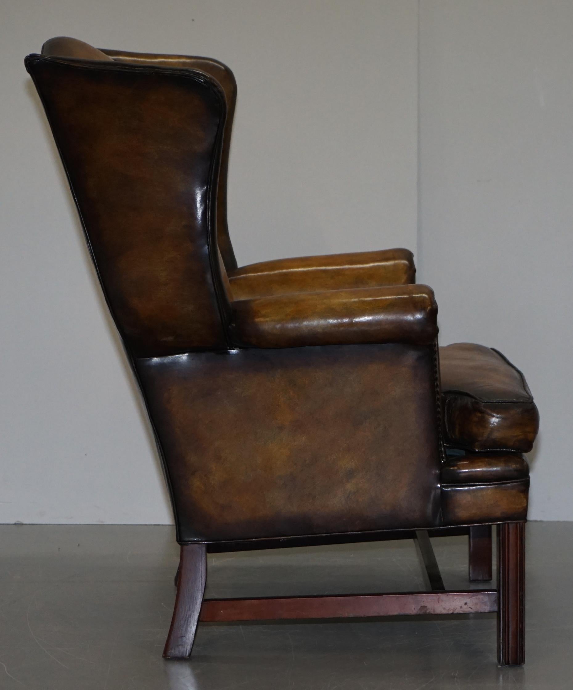 Sumptuous Pair of Fully Restored Hand Dye Cigar Brown Leather Wingback Armchairs 1