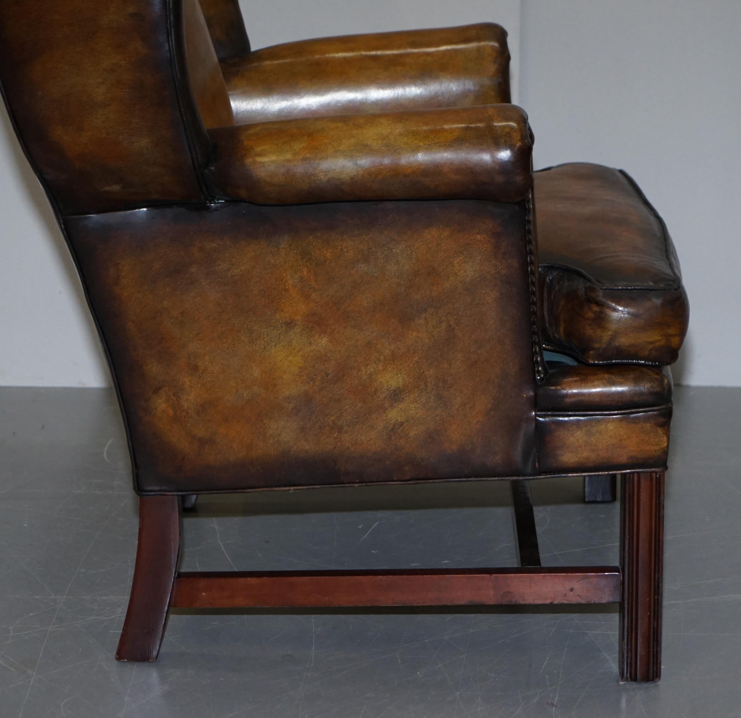 Sumptuous Pair of Fully Restored Hand Dye Cigar Brown Leather Wingback Armchairs 2