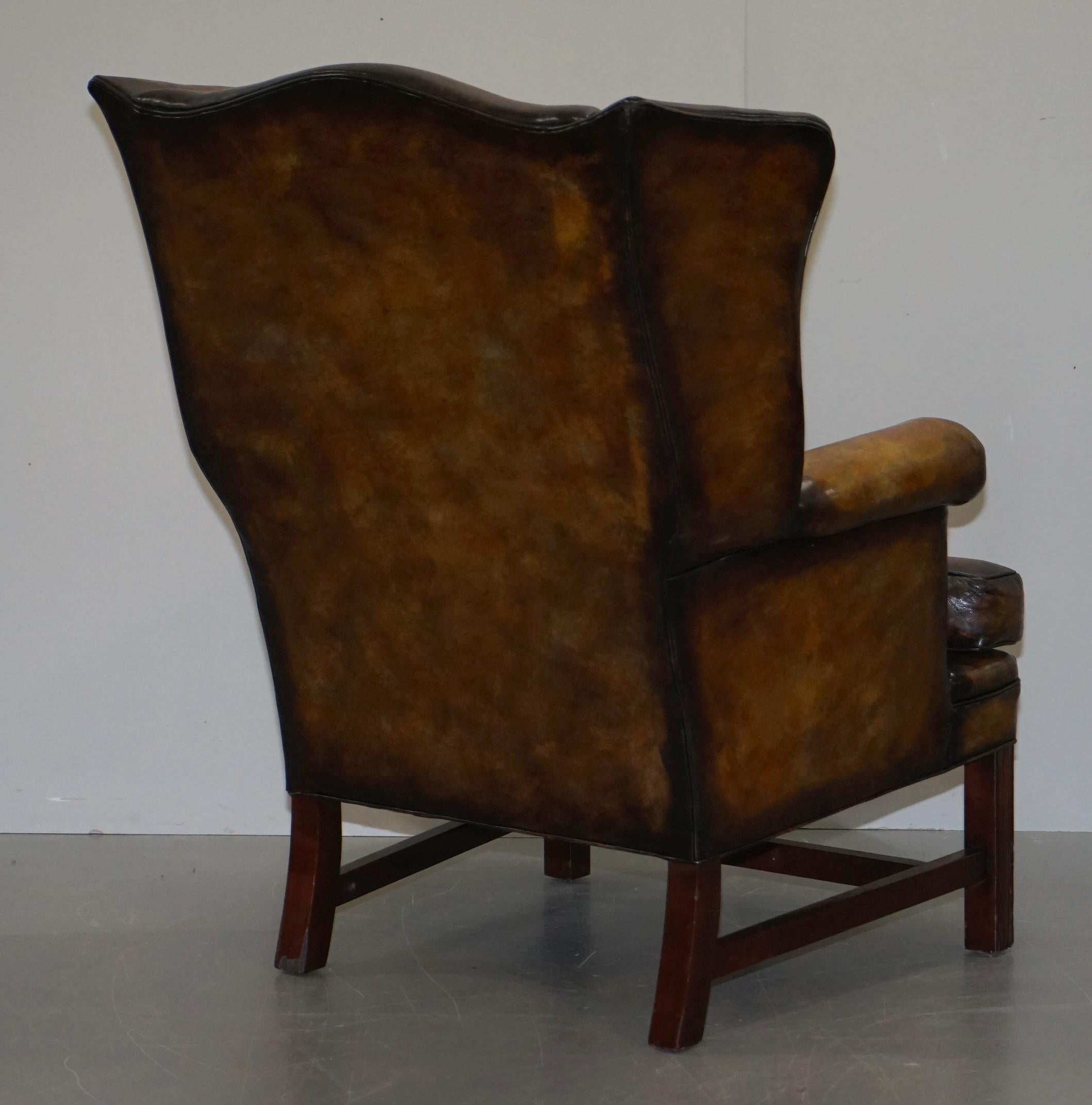 Sumptuous Pair of Fully Restored Hand Dye Cigar Brown Leather Wingback Armchairs 3