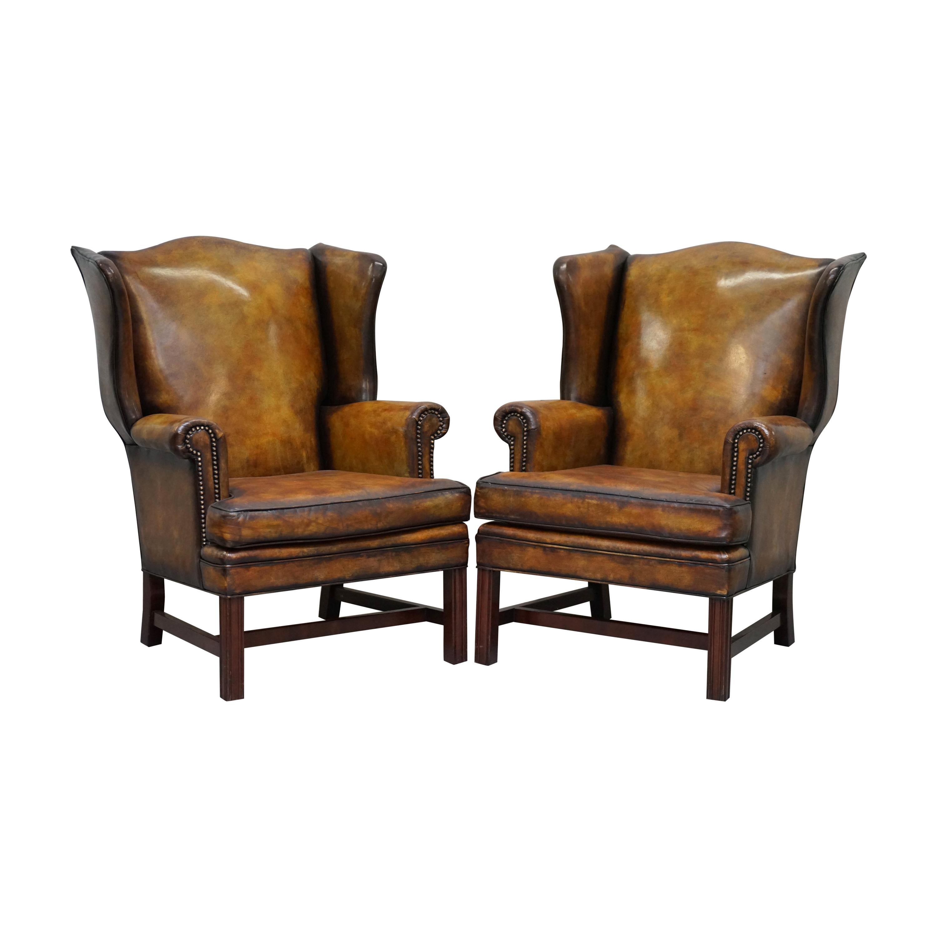 Sumptuous Pair of Fully Restored Hand Dye Cigar Brown Leather Wingback Armchairs