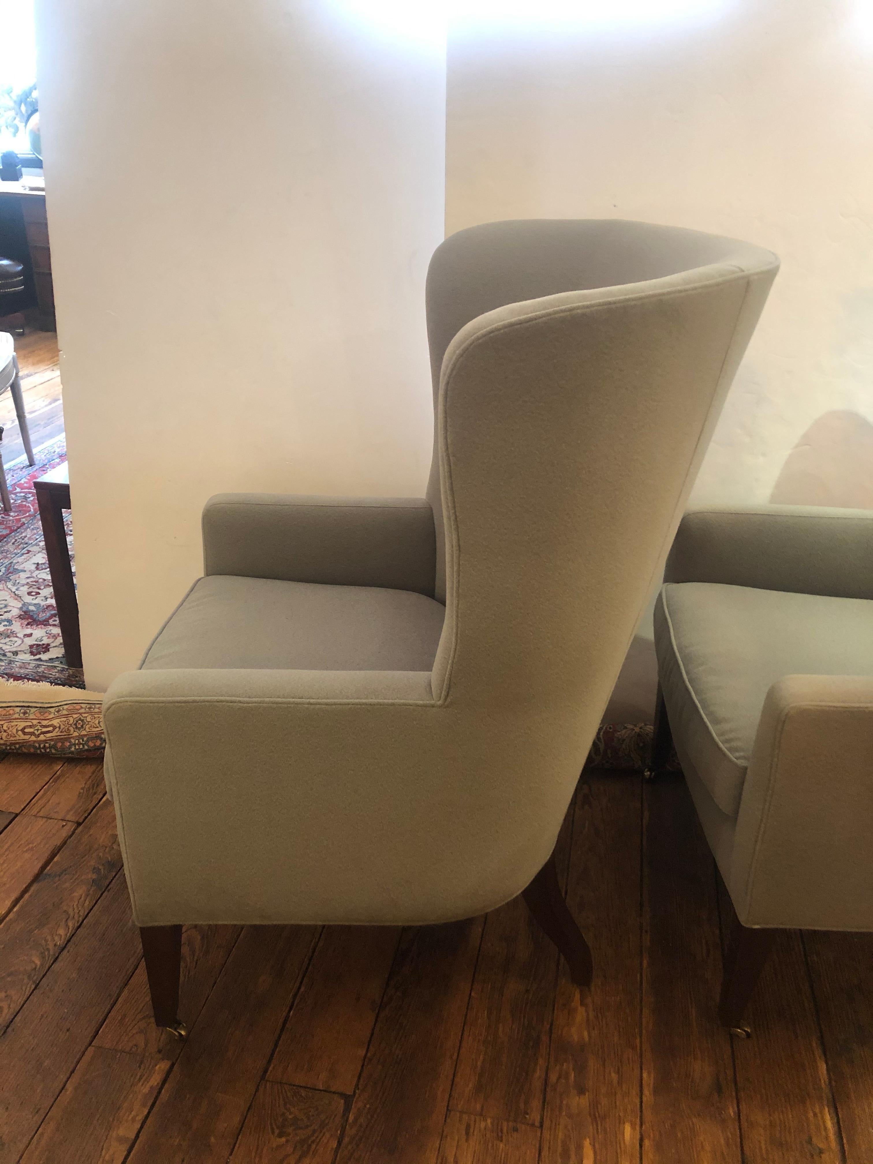 Contemporary Sumptuous Pair of Grey Flannel Upholstered Barrel Back Wing Chairs