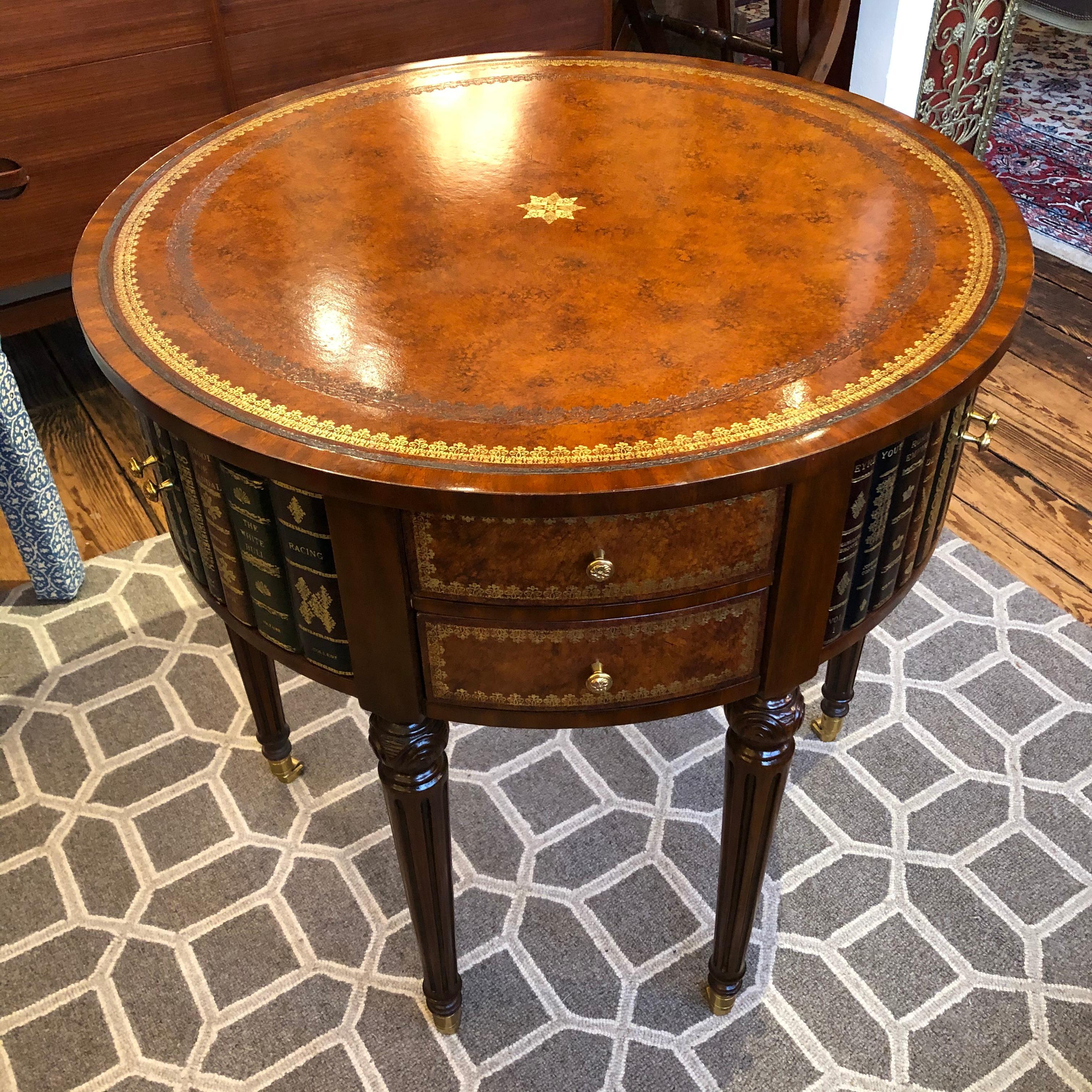 Sumptuous Maitland Smith Round Leather Wrapped Book Motife Center or Side Table In Good Condition In Hopewell, NJ