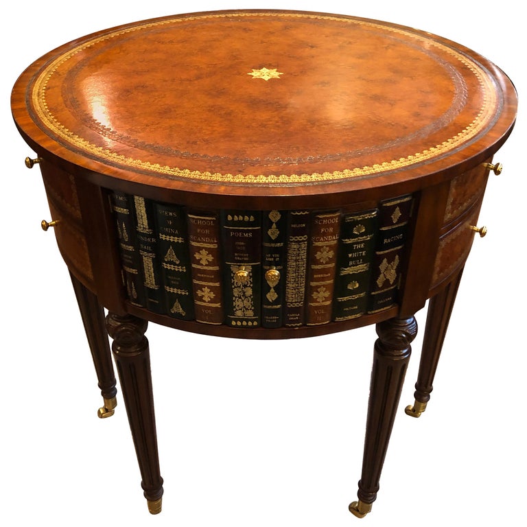 Sumptuous Maitland Smith Round Leather Wrapped Book Motife Center or Side Table For Sale