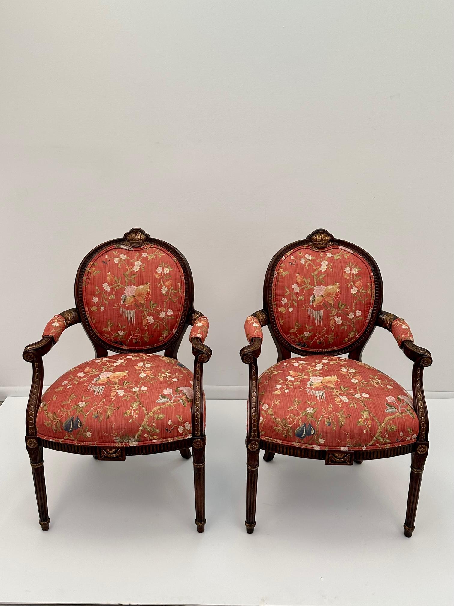 Sumptuous Scalamandre Upholstered English Hand Carved Mahogany Armchairs For Sale 4