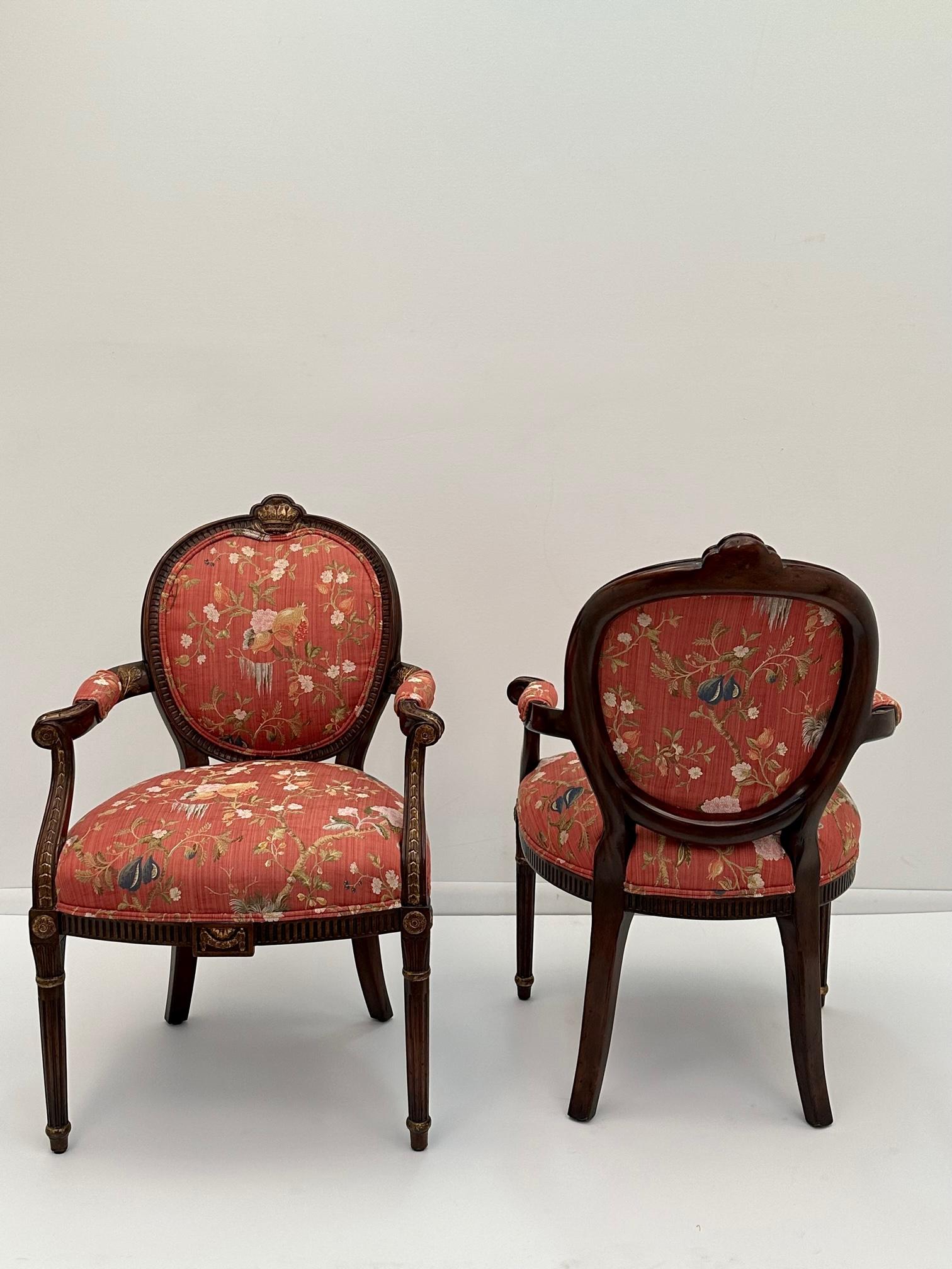 Late 20th Century Sumptuous Scalamandre Upholstered English Hand Carved Mahogany Armchairs For Sale