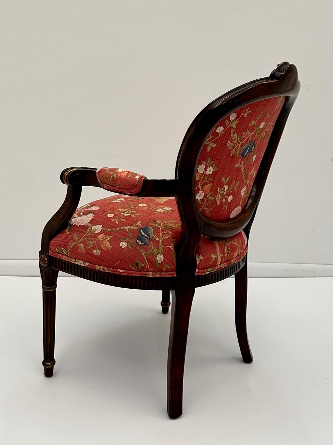 Sumptuous Scalamandre Upholstered English Hand Carved Mahogany Armchairs For Sale 2