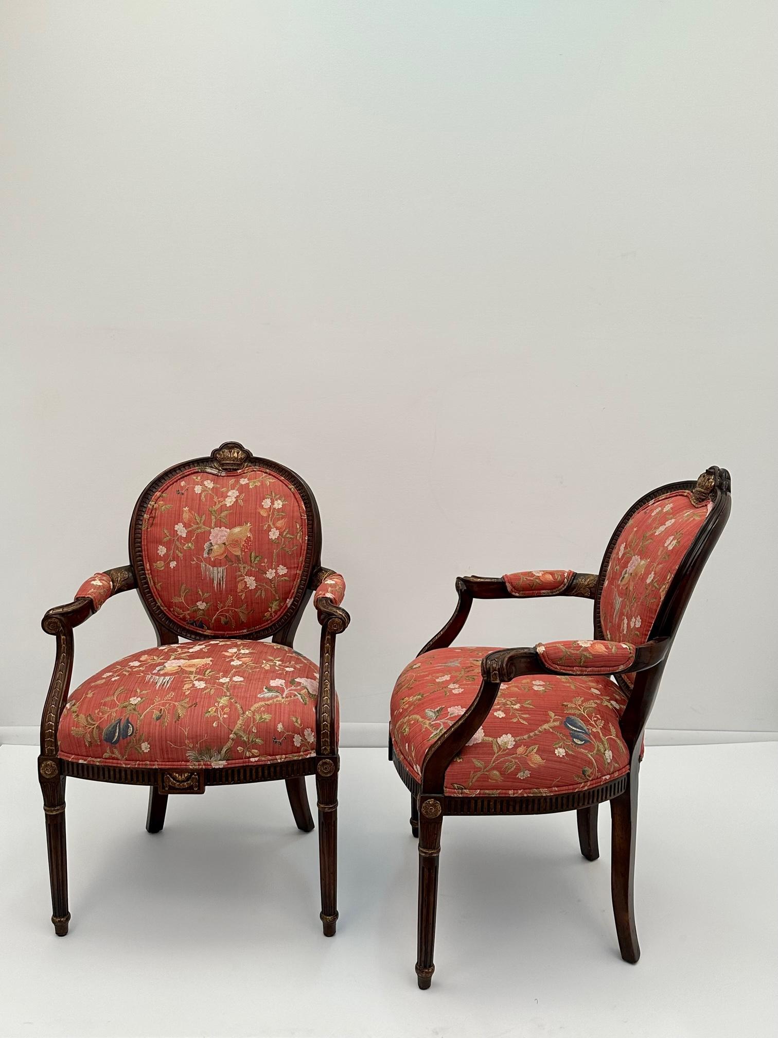 Sumptuous Scalamandre Upholstered English Hand Carved Mahogany Armchairs For Sale 3