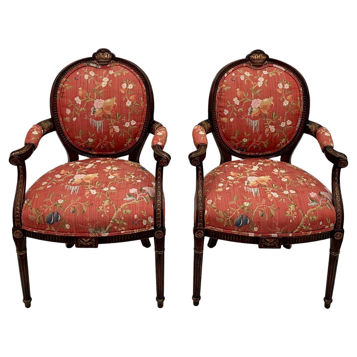 Sumptuous Scalamandre Upholstered English Hand Carved Mahogany Armchairs For Sale