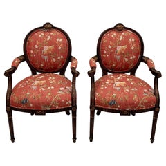 Sumptuous Scalamandre Upholstered English Hand Carved Mahogany Armchairs