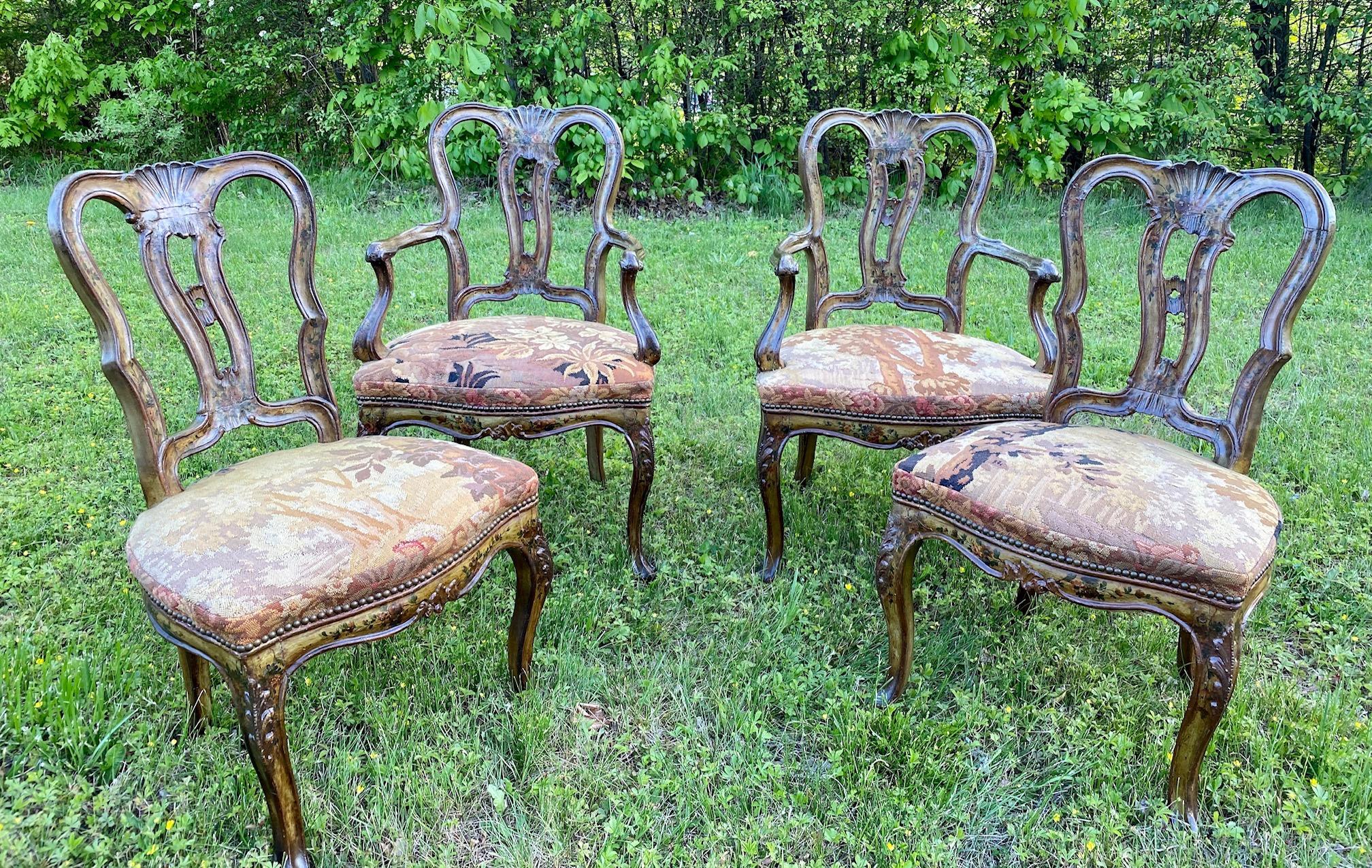 A gorgeous Venetian set of antique dining chairs having 2 side chairs 34