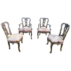 Antique Sumptuous Set of 4 Venetian Hand Painted Dining Chairs with Tapestry Seats