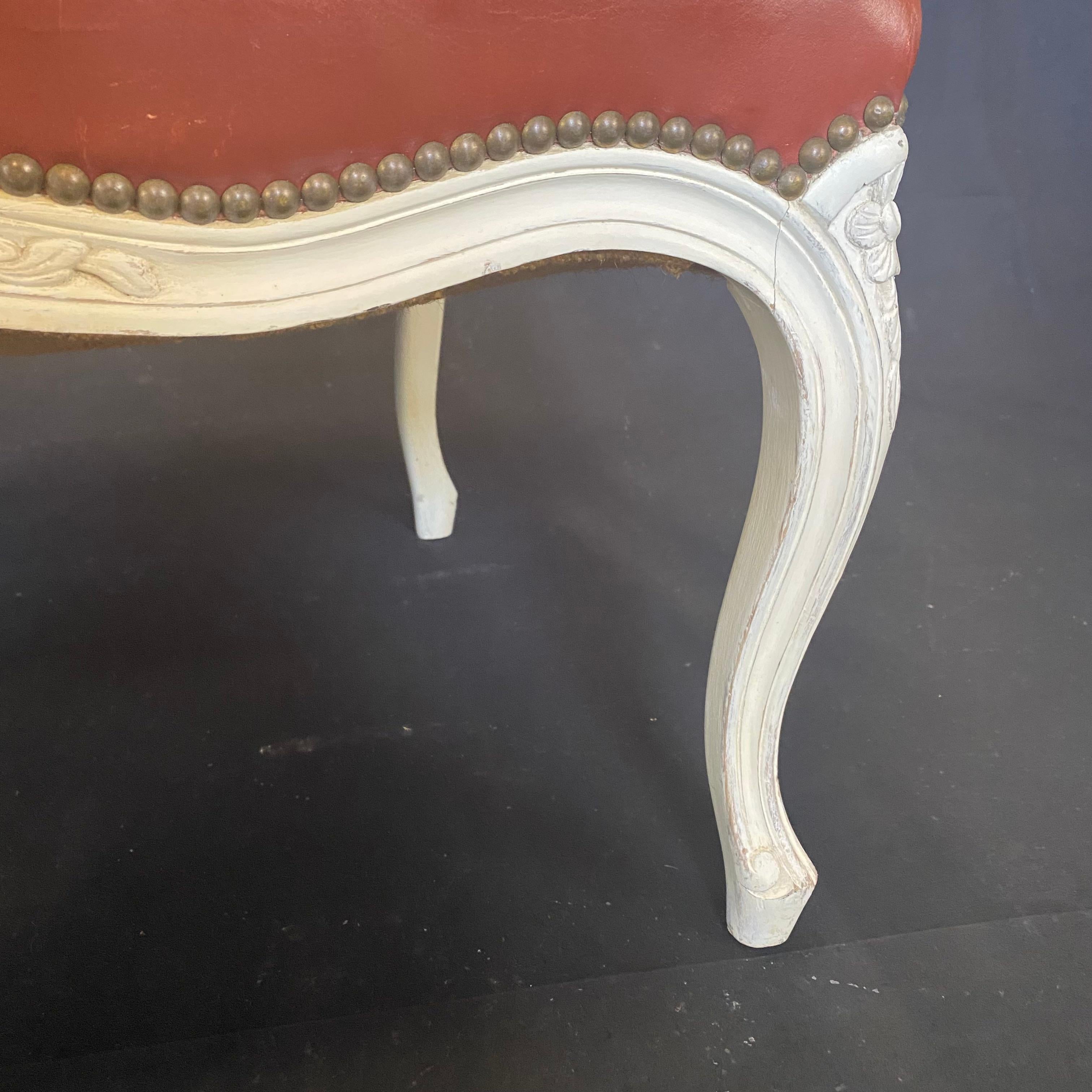 Sumptuous Set of 7 Louis XV Leather Embossed Painted Wood Armchairs For Sale 5