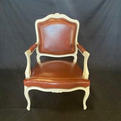 Sumptuous Set of 7 Louis XV Leather Embossed Painted Wood Armchairs