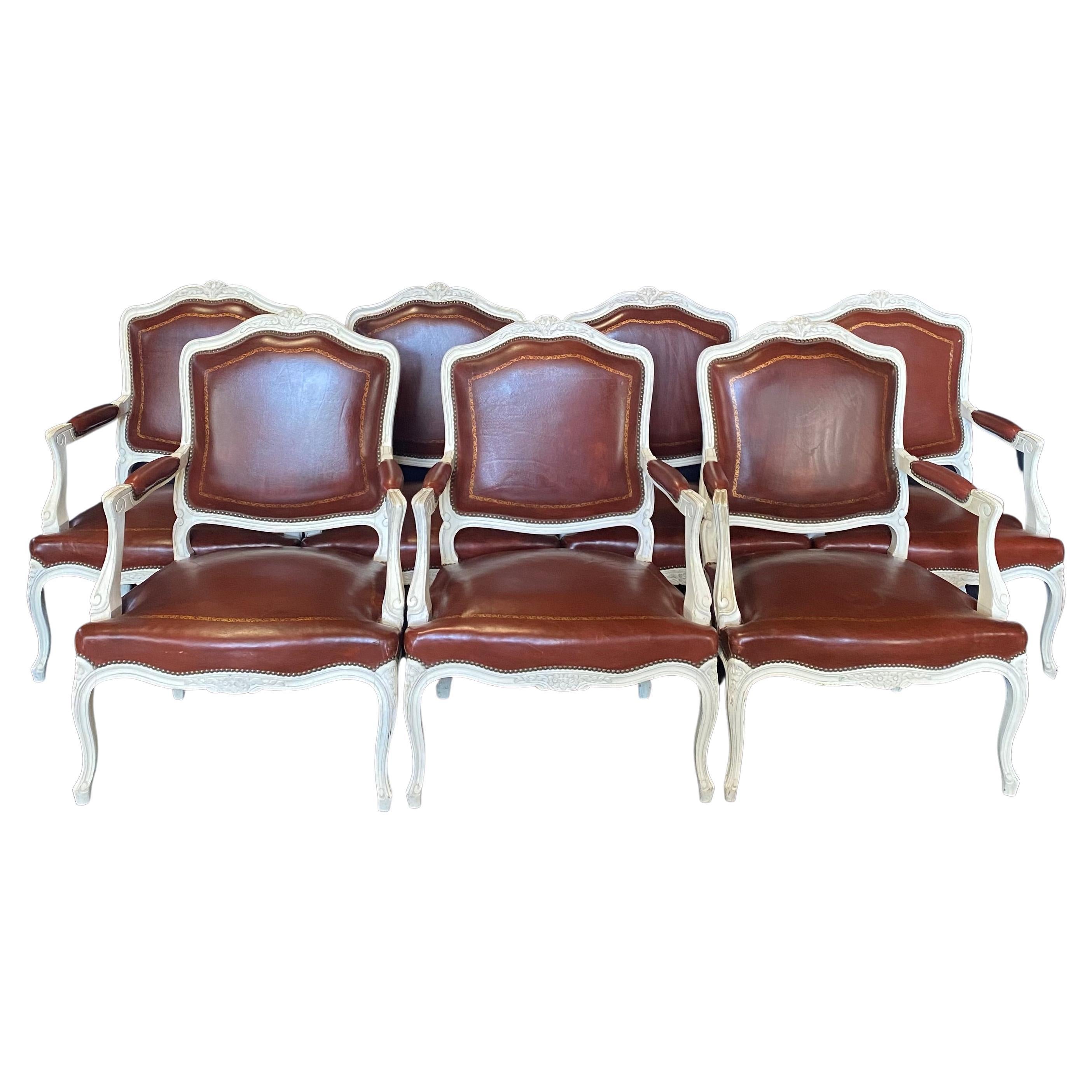 Sumptuous Set of 7 Louis XV Leather Embossed Painted Wood Armchairs For Sale