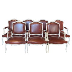 Sumptuous Set of 7 Louis XV Leather Embossed Painted Wood Armchairs