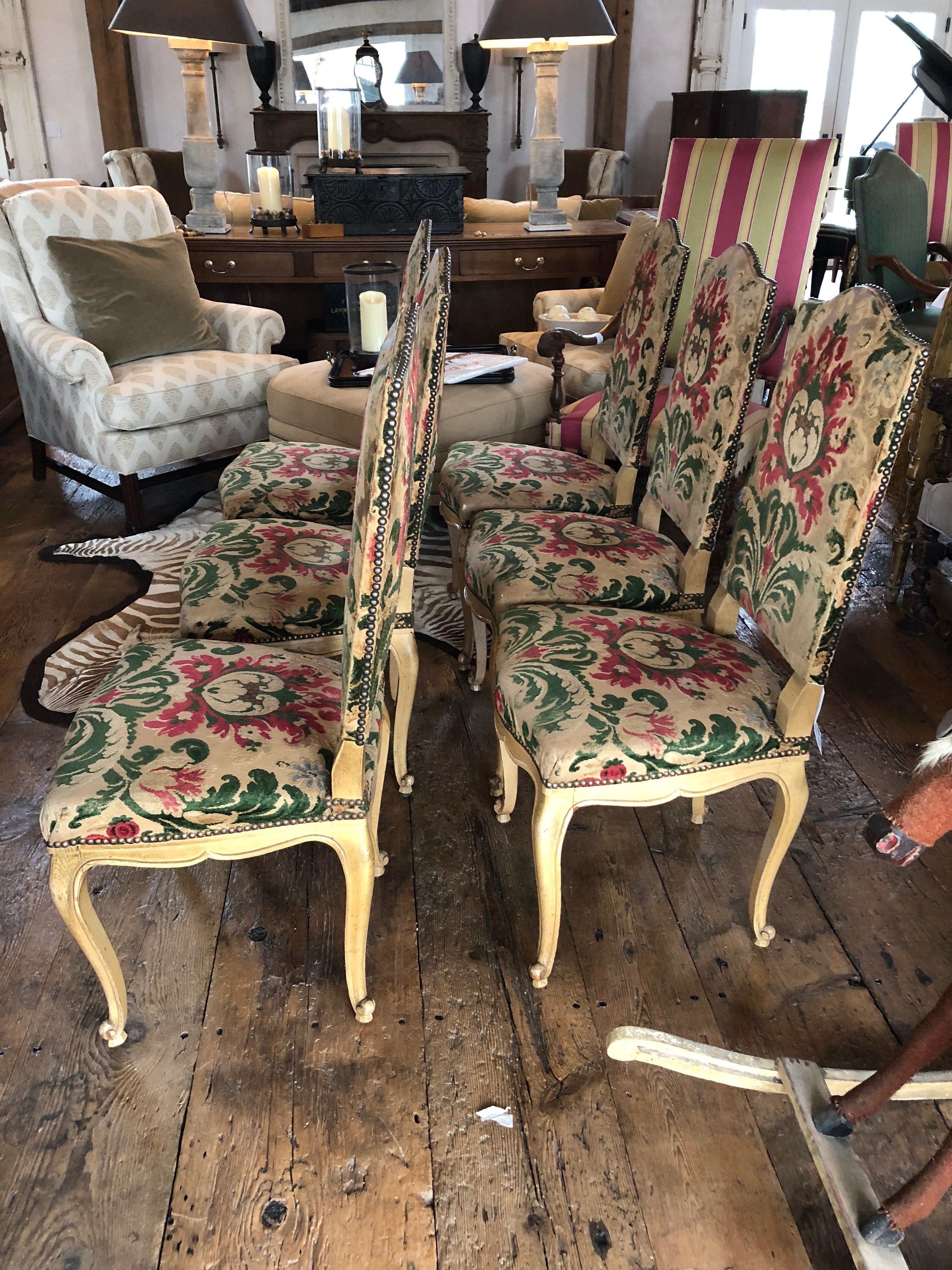 Louis XV Sumptuous Set of Six Dining Side Chairs with Original Cut Velvet Upholstery