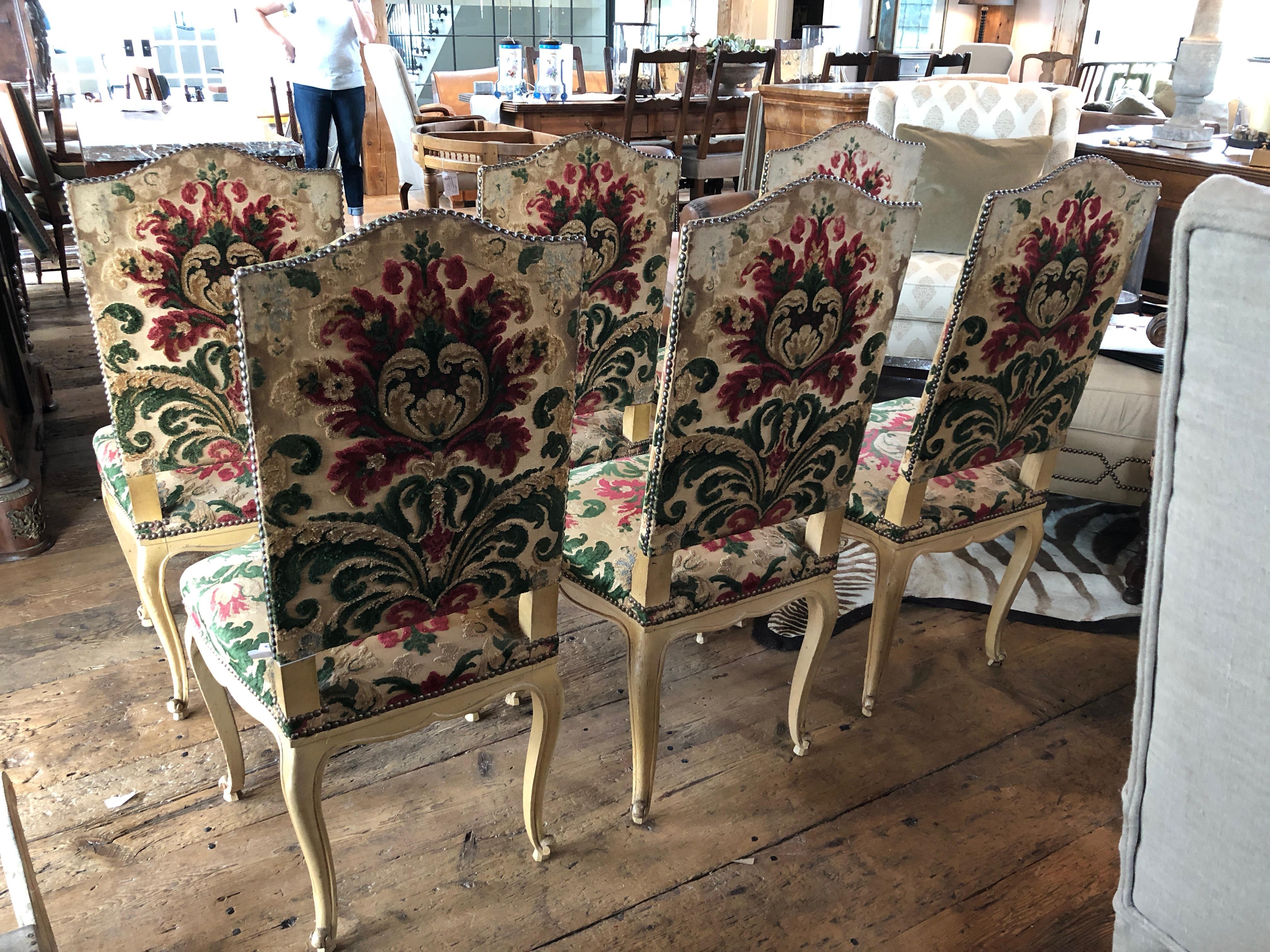 French Sumptuous Set of Six Dining Side Chairs with Original Cut Velvet Upholstery