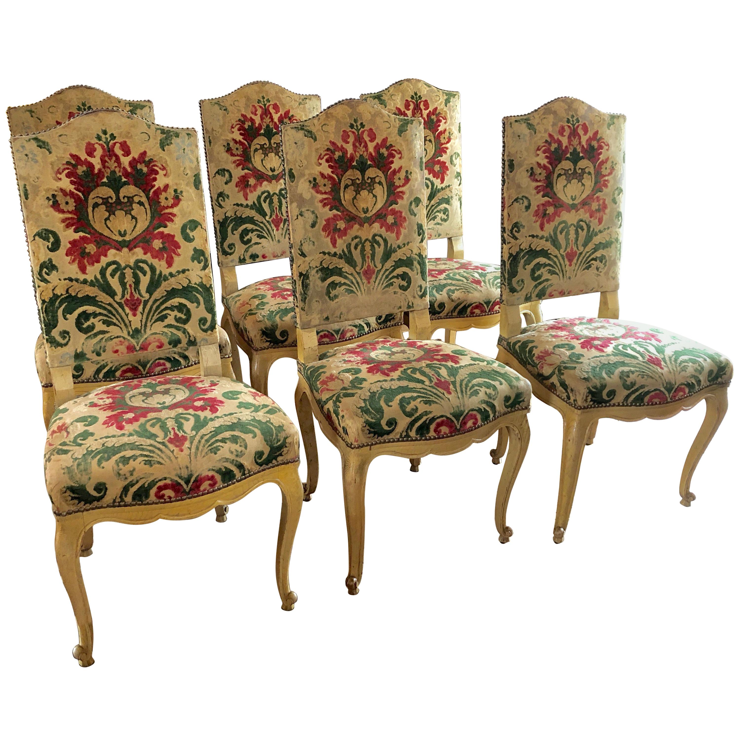 Sumptuous Set of Six Dining Side Chairs with Original Cut Velvet Upholstery