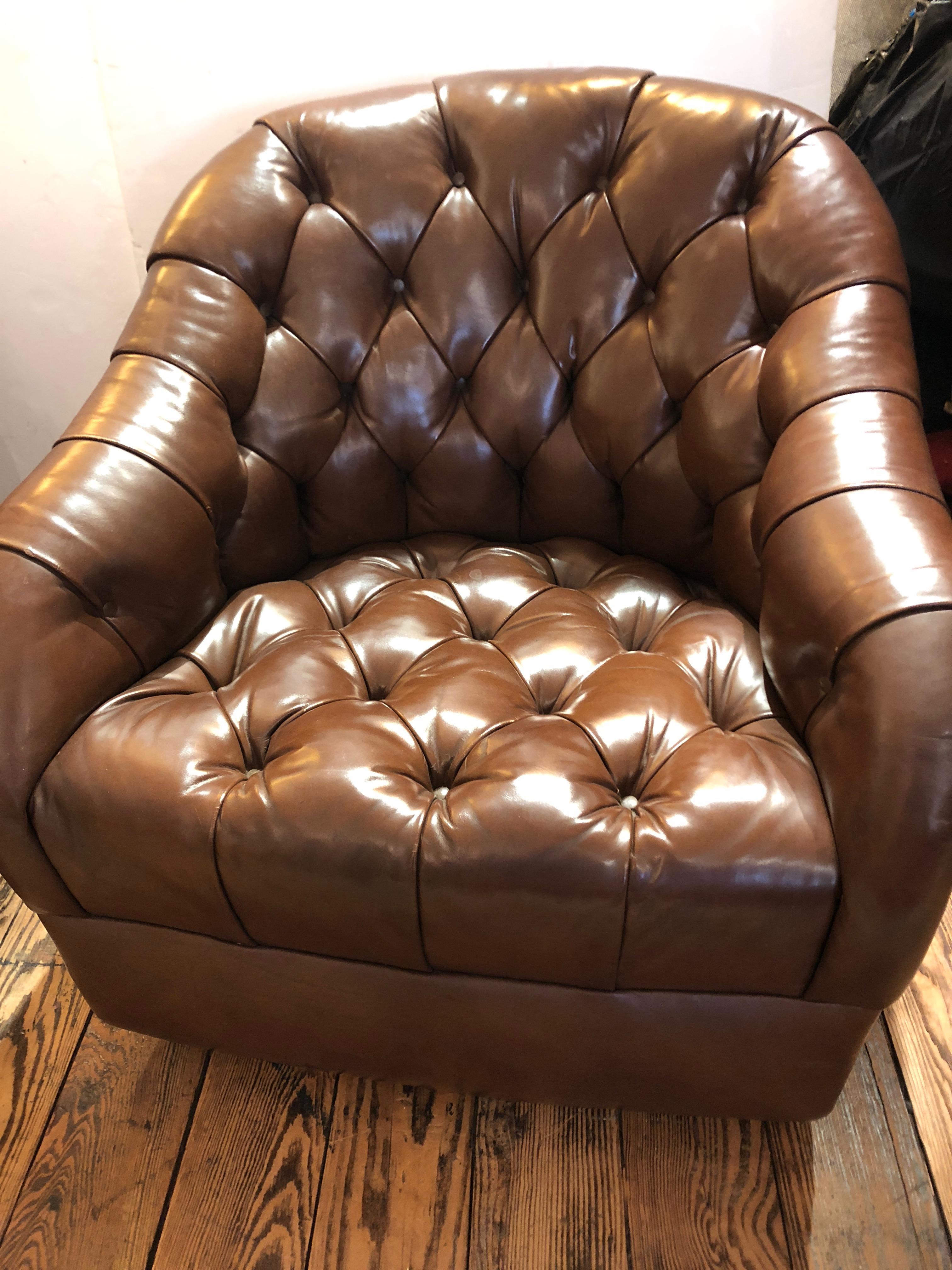 Sumptuous Tufted Ward Bennett Swivel Club Chairs in Original Supple Leather Pair 1