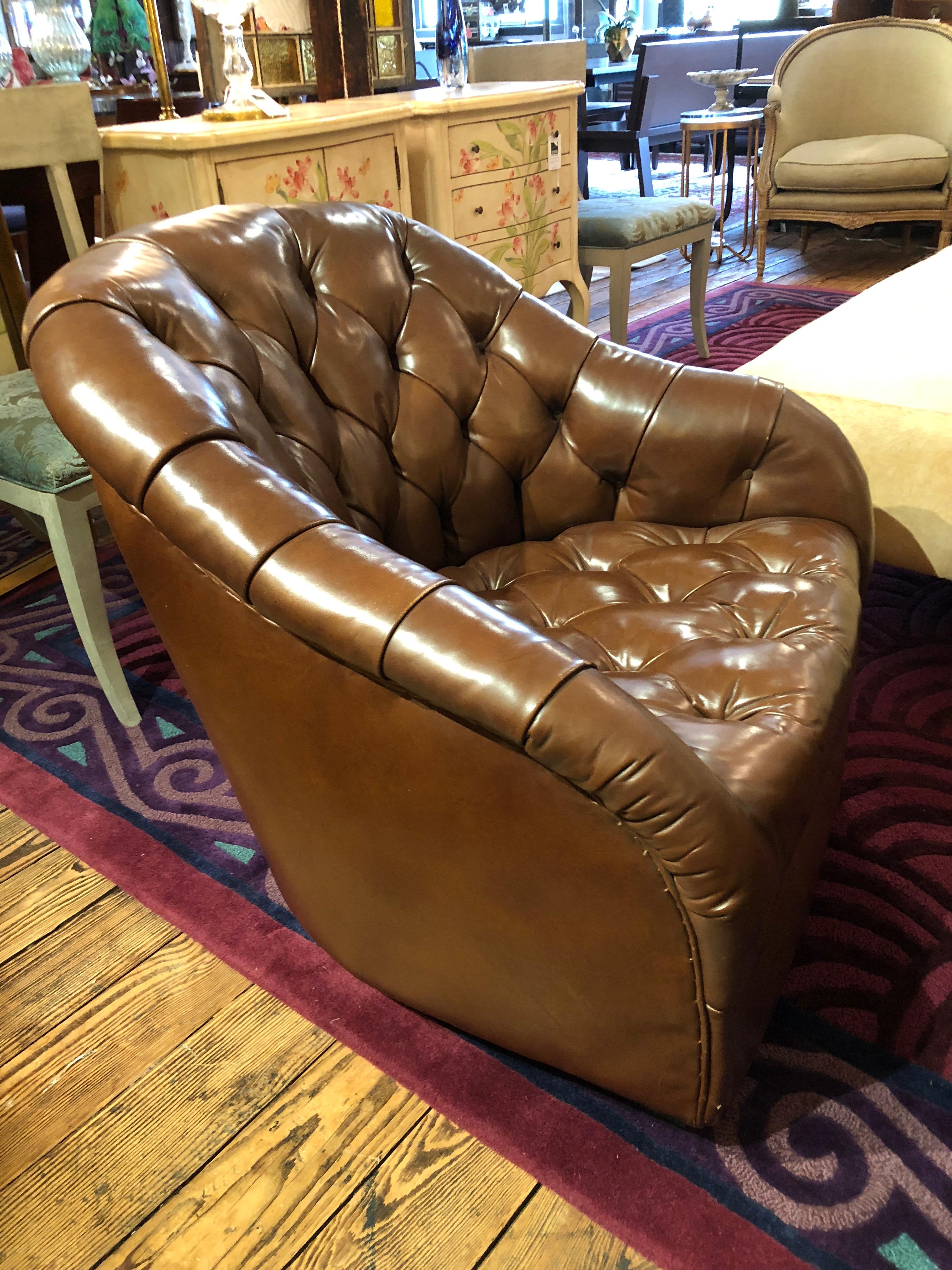 Mid-Century Modern Sumptuous Tufted Ward Bennett Swivel Club Chairs in Original Supple Leather Pair
