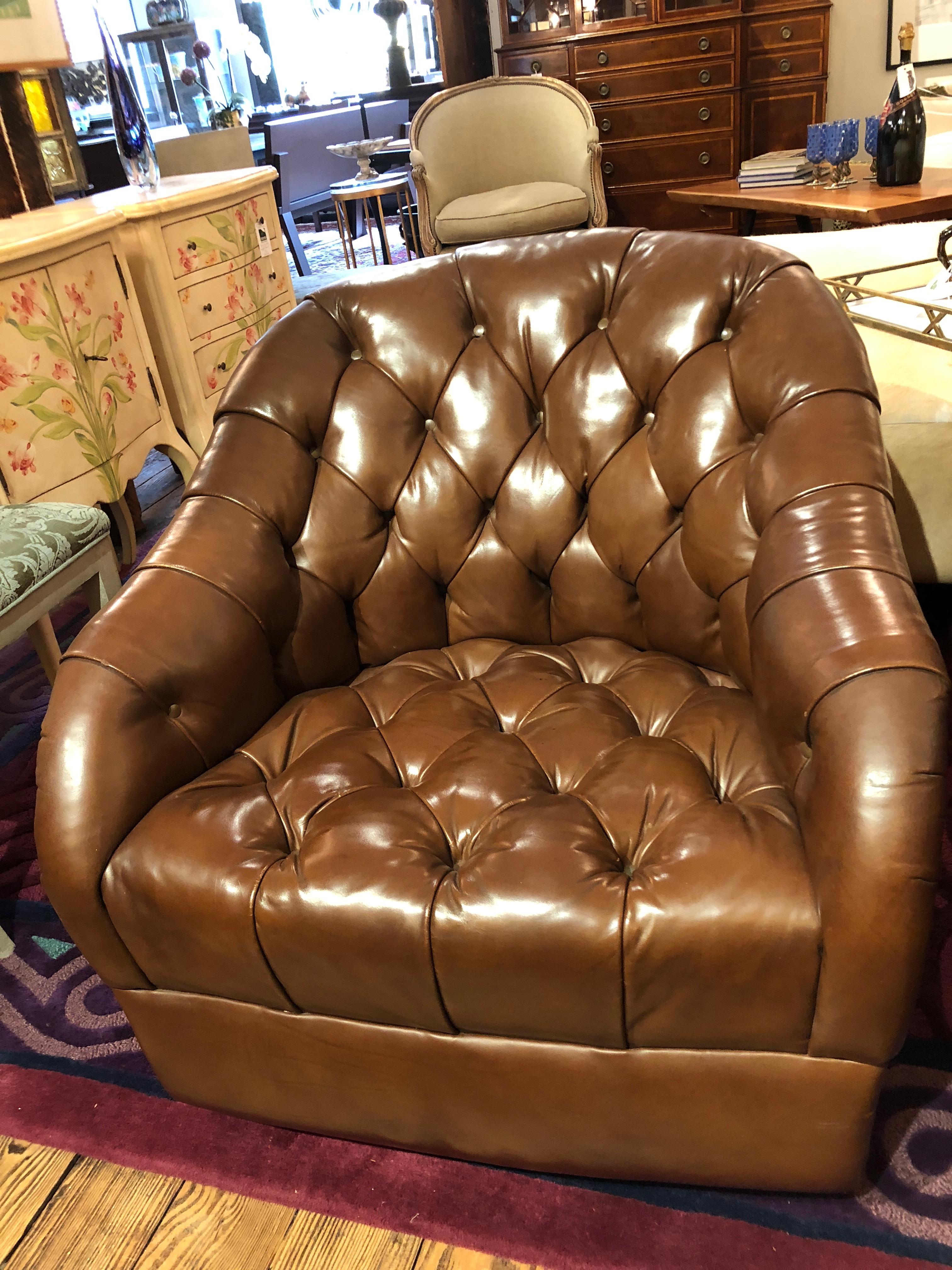 American Sumptuous Tufted Ward Bennett Swivel Club Chairs in Original Supple Leather Pair