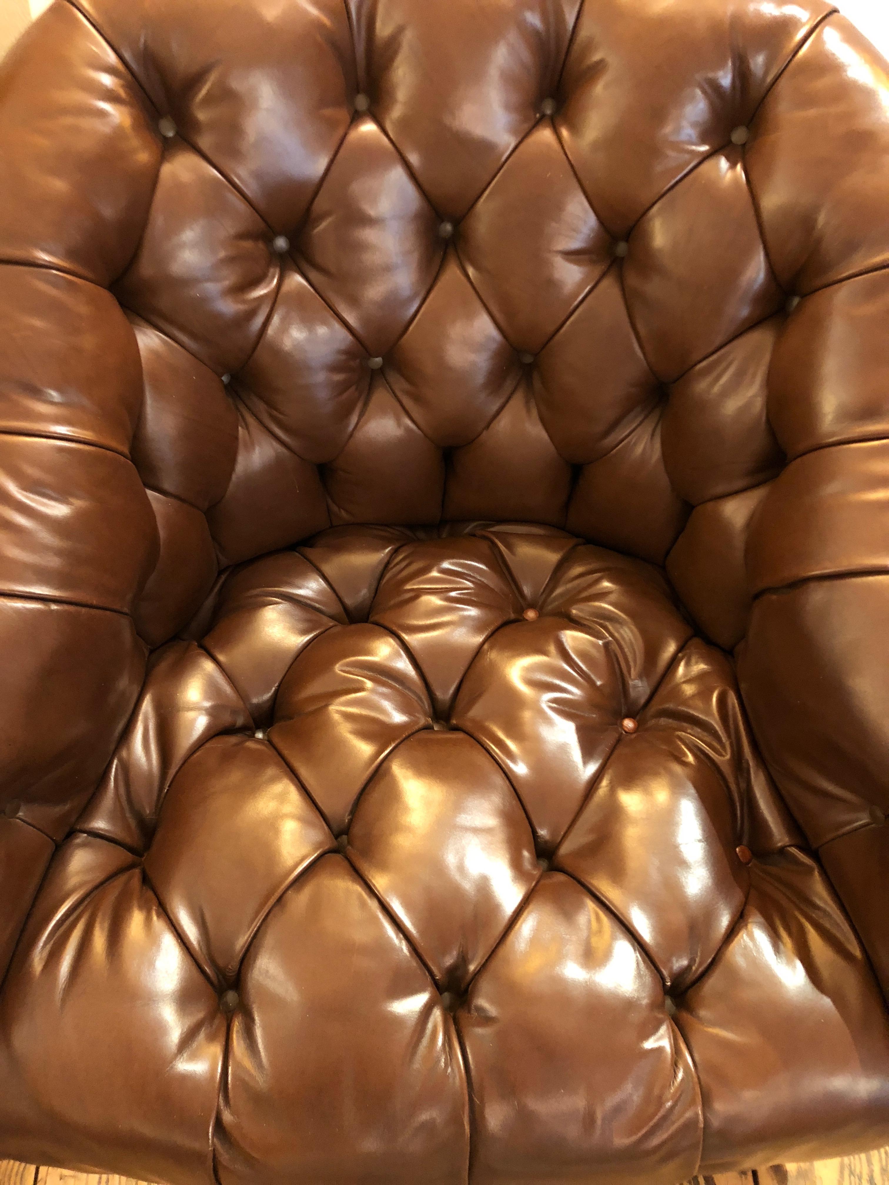 Late 20th Century Sumptuous Tufted Ward Bennett Swivel Club Chairs in Original Supple Leather Pair