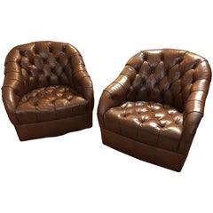 Sumptuous Tufted Ward Bennett Swivel Club Chairs in Original Supple Leather Pair