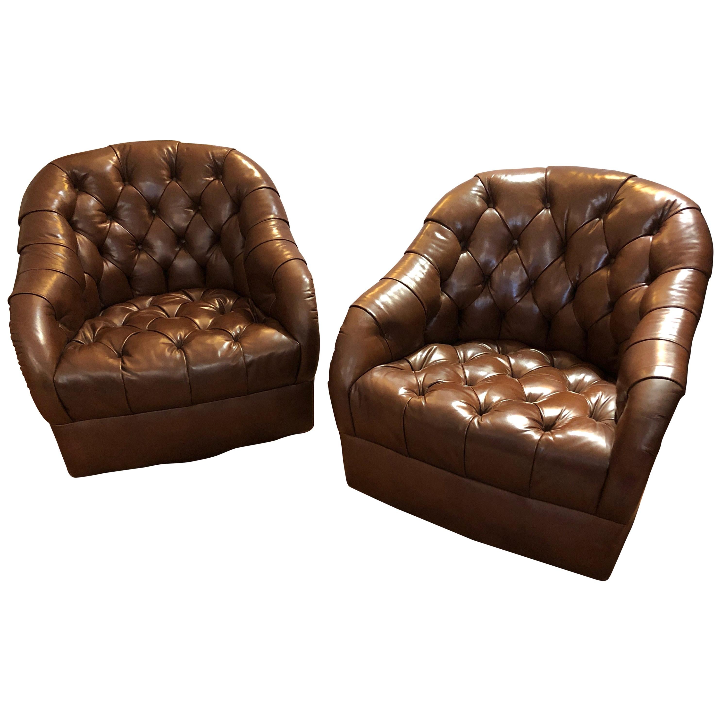 Sumptuous Tufted Ward Bennett Swivel Club Chairs in Original Supple Leather Pair
