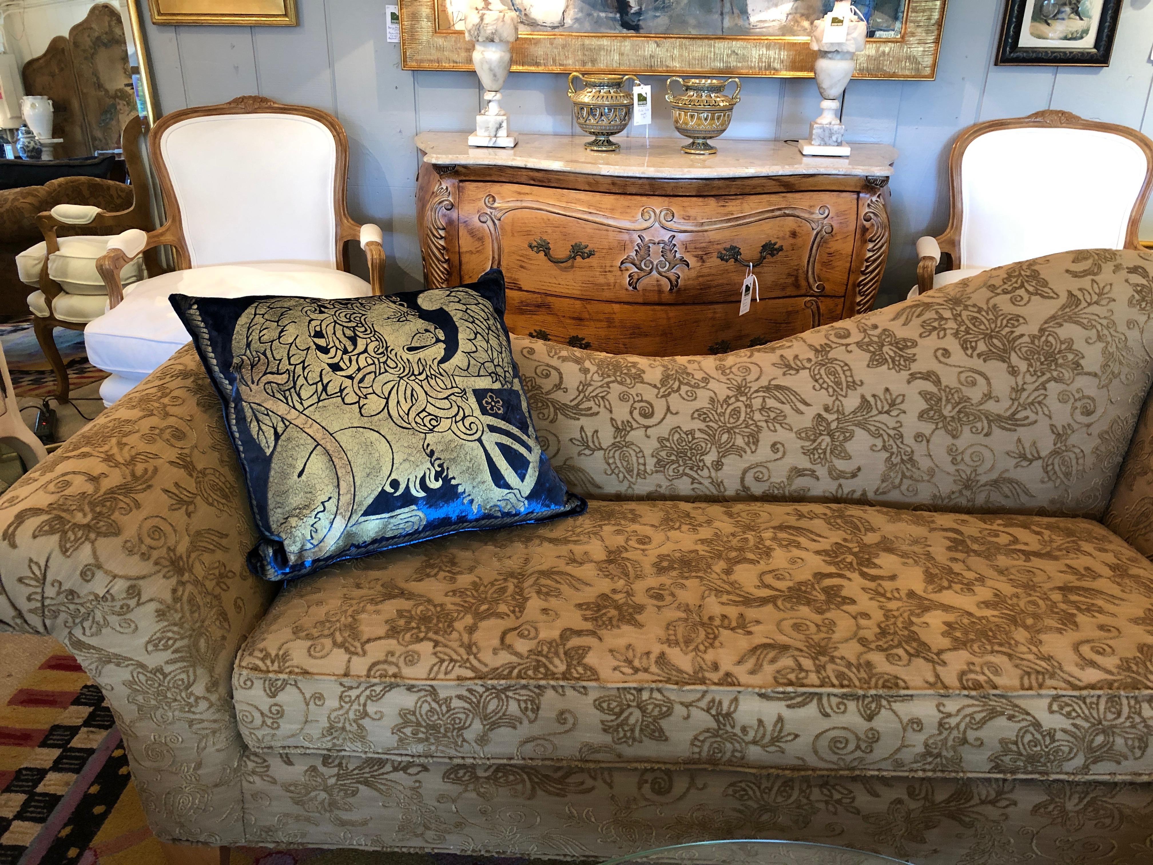 Eye-catching and regal pillow from Venice with a Venetian gold lion with shield set against a dark blue velvet; back side is satin.