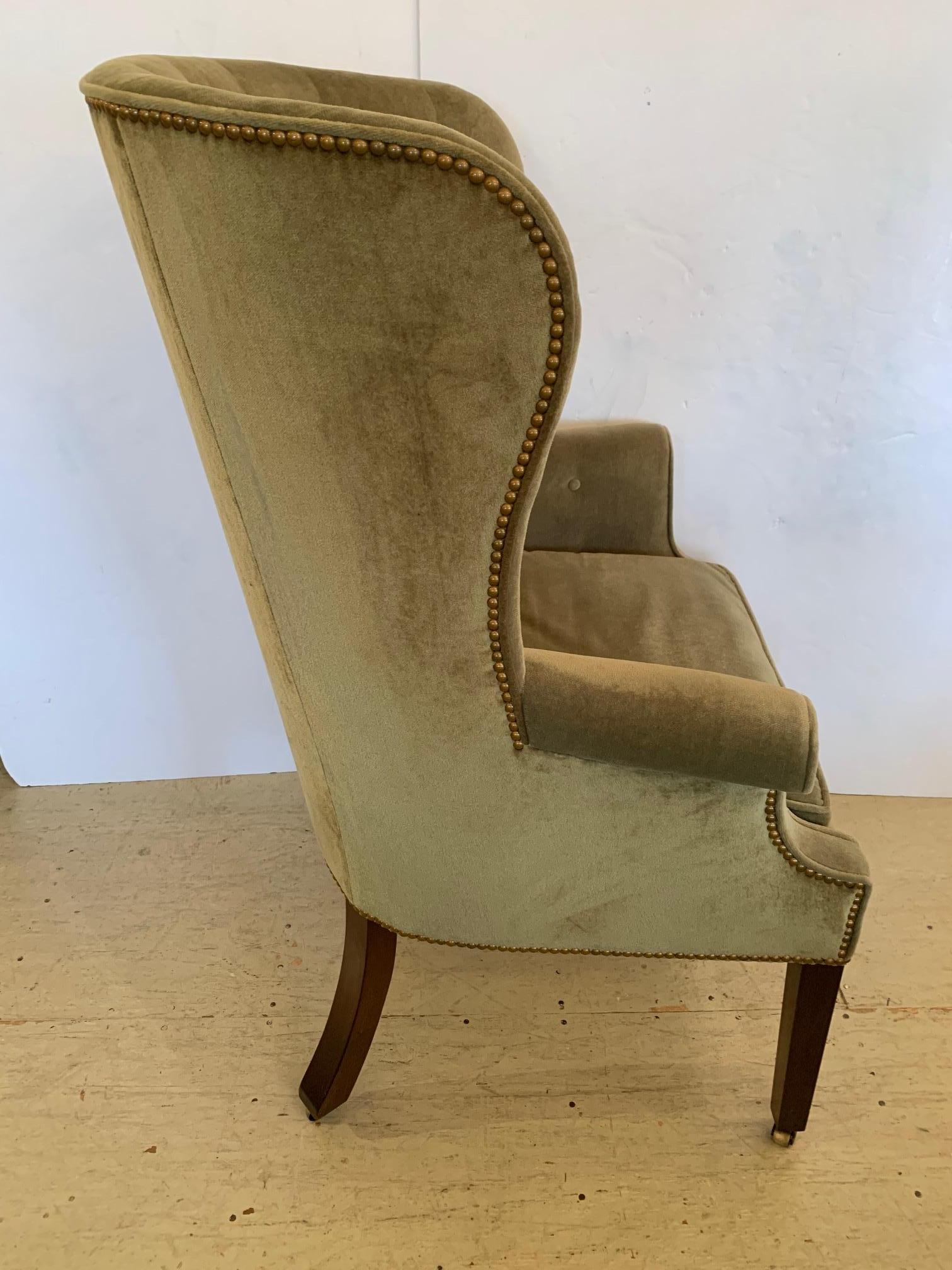 Sumptuous Vintage Tufted Sage Green Velvet Barrel Back Wing Chair 2